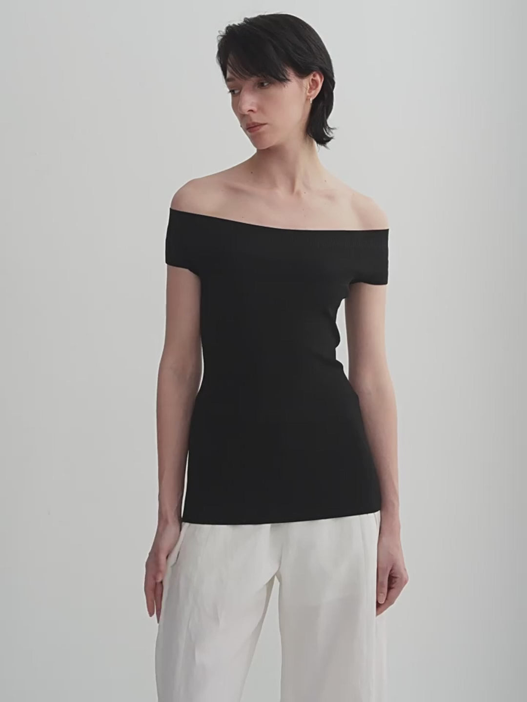Mulberry Silk Blend One-Shoulder Top. Elegant Knit, Off-Shoulder Design