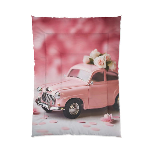 Vintage Pink Car Comforter - Floral Bedroom Decor for Dreamy Spaces