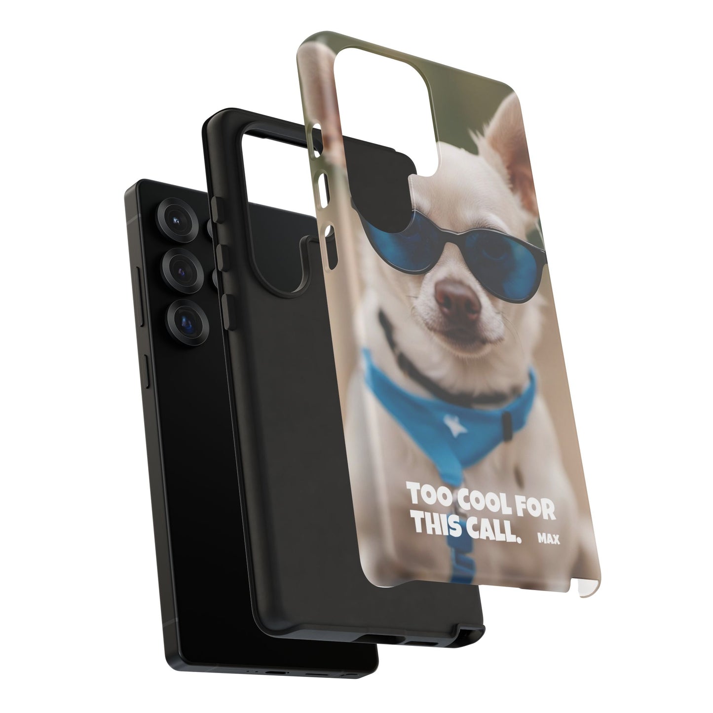 Personalized Pet Photo Phone Case - Custom Name & Funny "Too Cool For This Call" Sunglasses Design - Tough Shockproof Cover for iPhone & Samsung Galaxy - Custom Gift for Pet Lovers