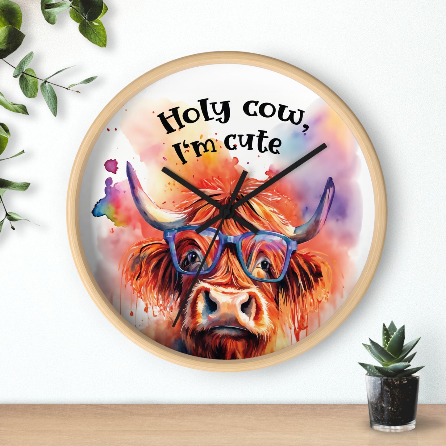 Holy Cow I'm Cute" Watercolor Highland Cow Wall Clock - Farmhouse Decor & Funny Gift