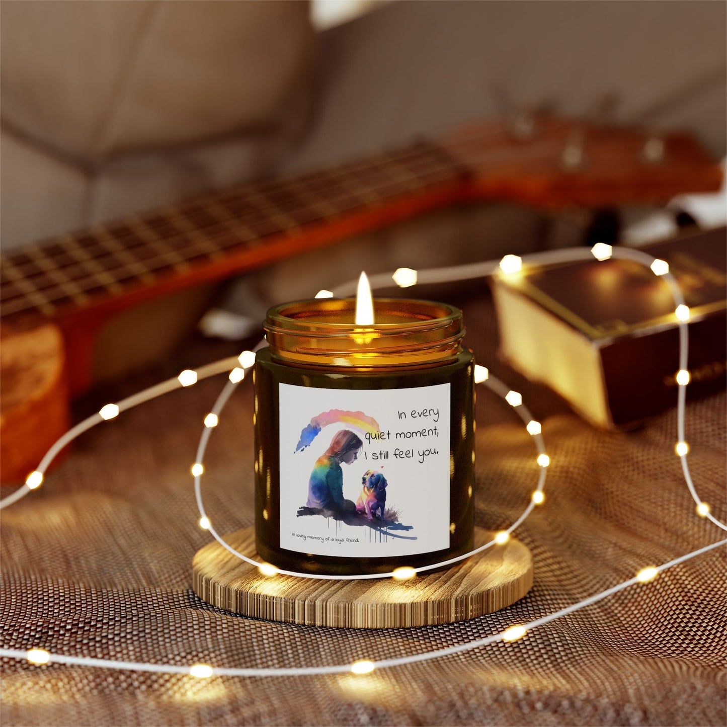 Pet Memorial Candle – “In Every Quiet Moment” Quote with Woman & Dog Illustration | Scented Tribute for a Loyal Friend