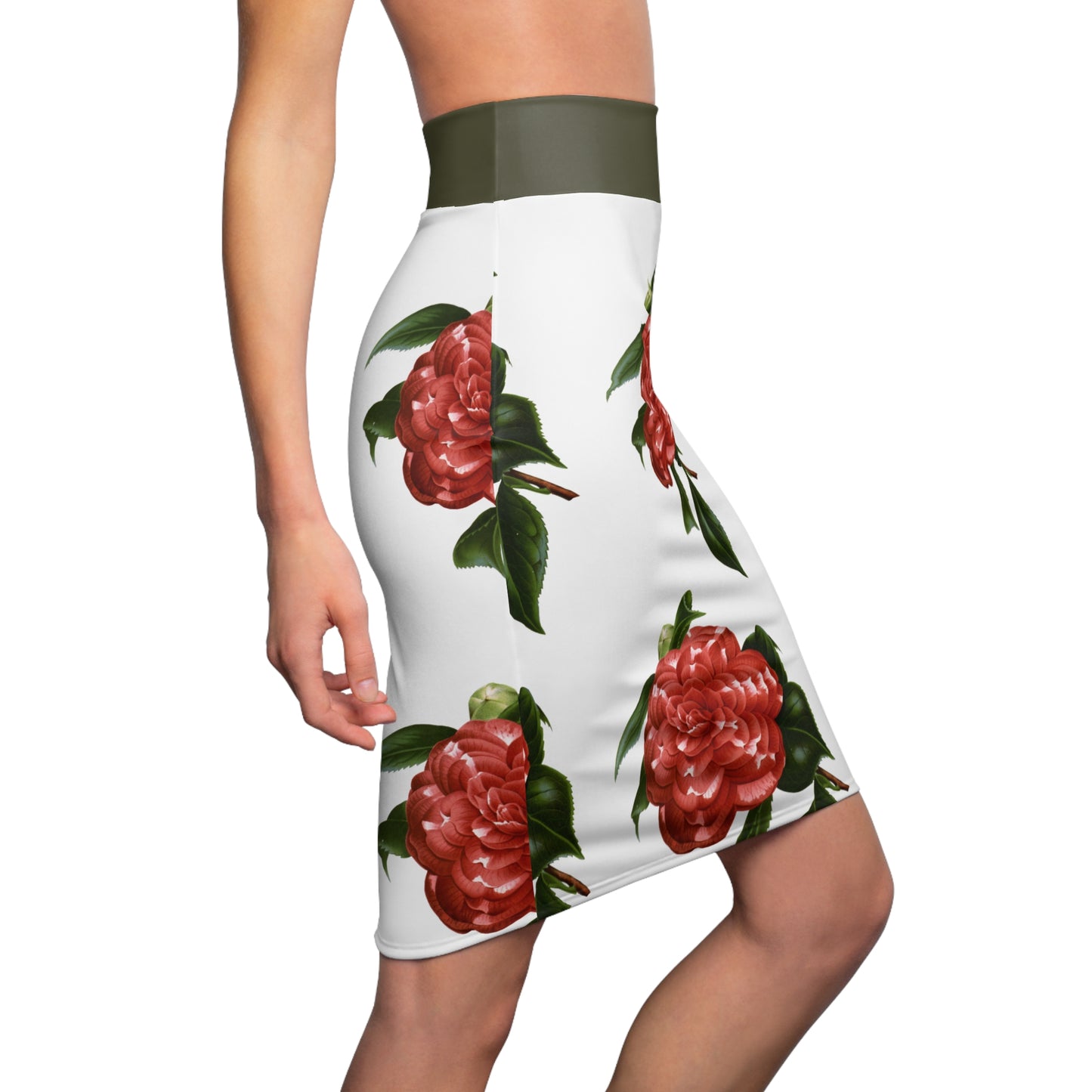 Floral Women's Pencil Skirt - Elegant Camellia Pattern