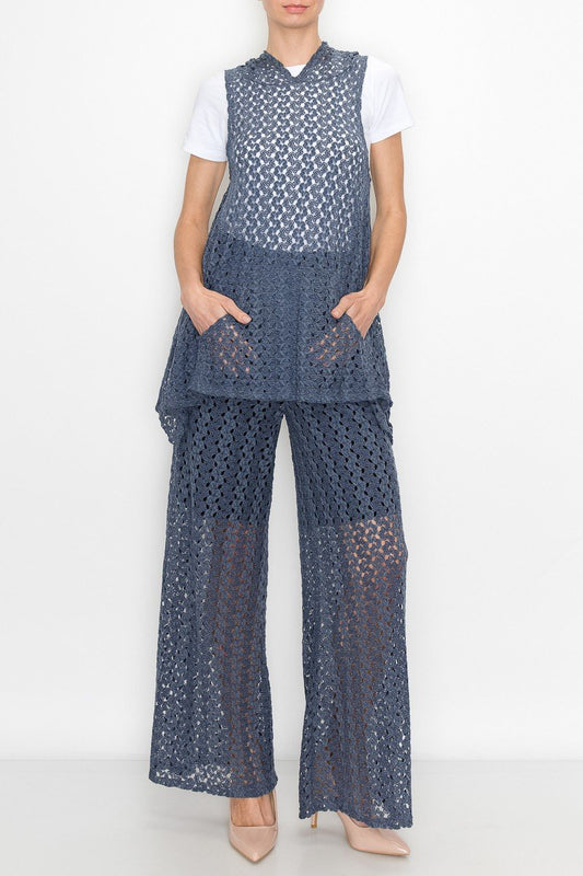 Denim Blue Sleeveless Hoodie & Wide Leg Pants Set | Casual & Chic Fit
