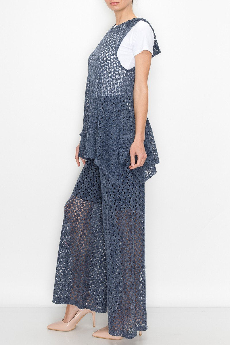 Denim Blue Sleeveless Hoodie & Wide Leg Pants Set | Casual & Chic Fit