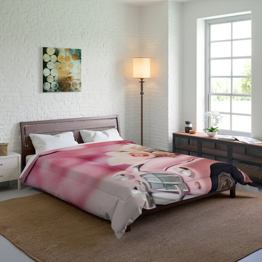Pink Vintage Car Comforter with Floral Design, Cozy Bedding for Romantic Decor, Gift for Valentine's Day, Home Decor, Bedroom Quilt