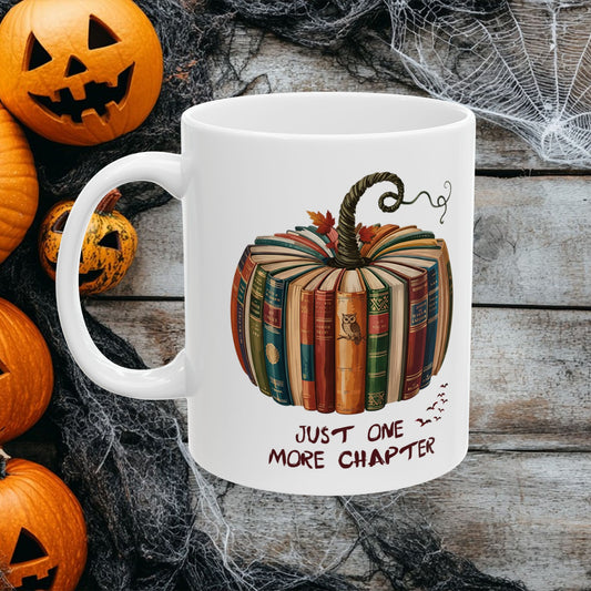 Just One More Chapter Mug – Halloween Book Lover Gift – Spooky Coffee & Tea Cup – Pumpkin Books Design – Literary Reading Mug