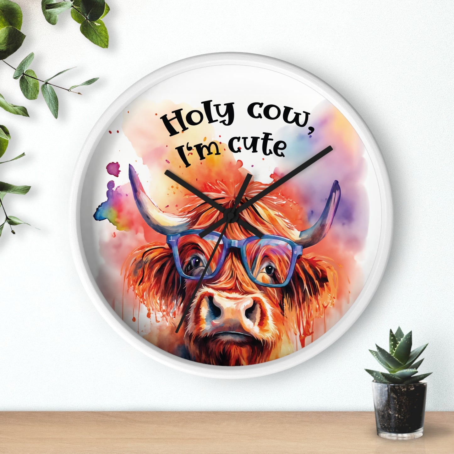 Holy Cow I'm Cute" Watercolor Highland Cow Wall Clock - Farmhouse Decor & Funny Gift
