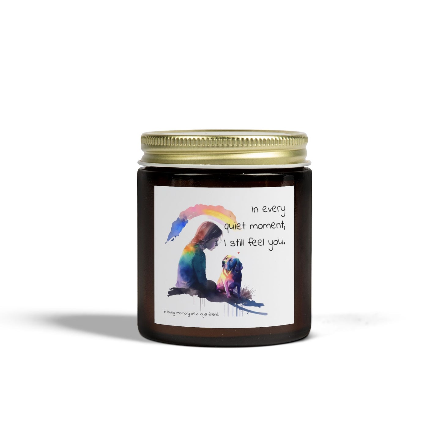 Pet Memorial Candle – “In Every Quiet Moment” Quote with Woman & Dog Illustration | Scented Tribute for a Loyal Friend