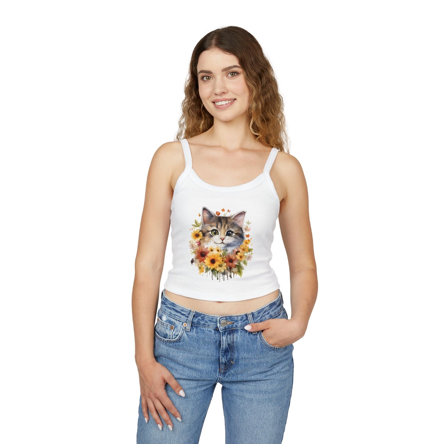 Floral Cat Women's Spaghetti Strap Tank Top - Cute and Stylish