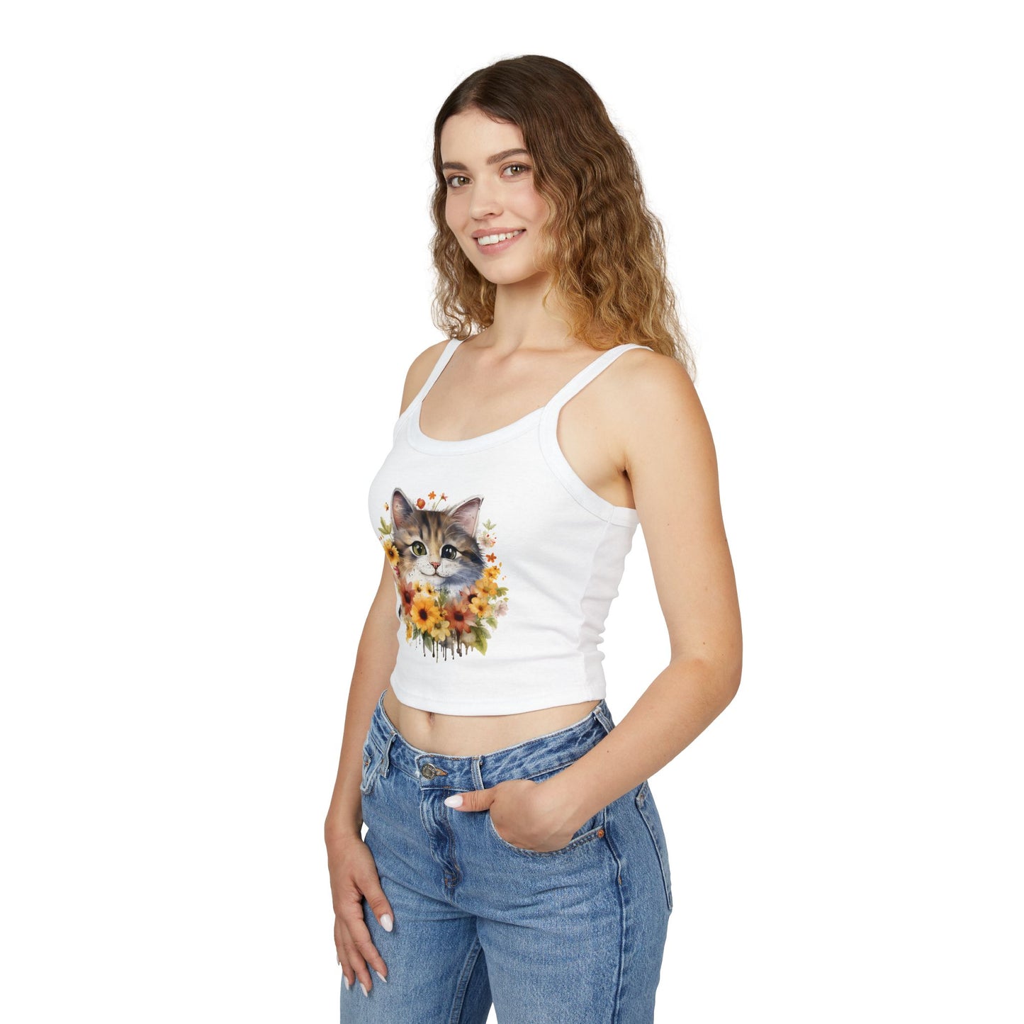 Floral Cat Women's Spaghetti Strap Tank Top - Cute and Stylish