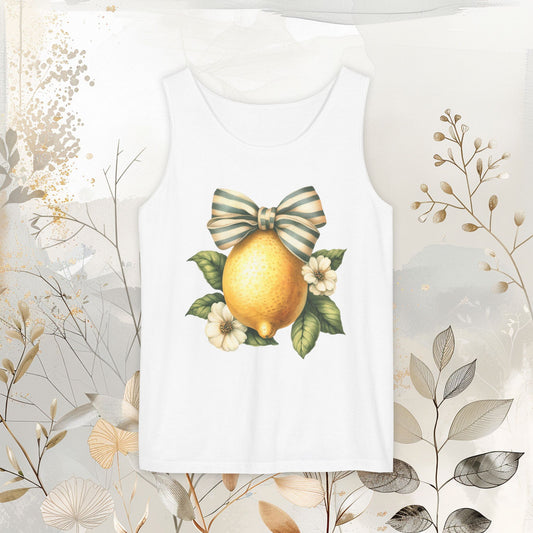 Vintage Lemon Tank Top | Boho Summer Fruit Shirt | Watercolor Floral Bow Tee | Unisex Casual Beach Outfit | Nature Lover Gift