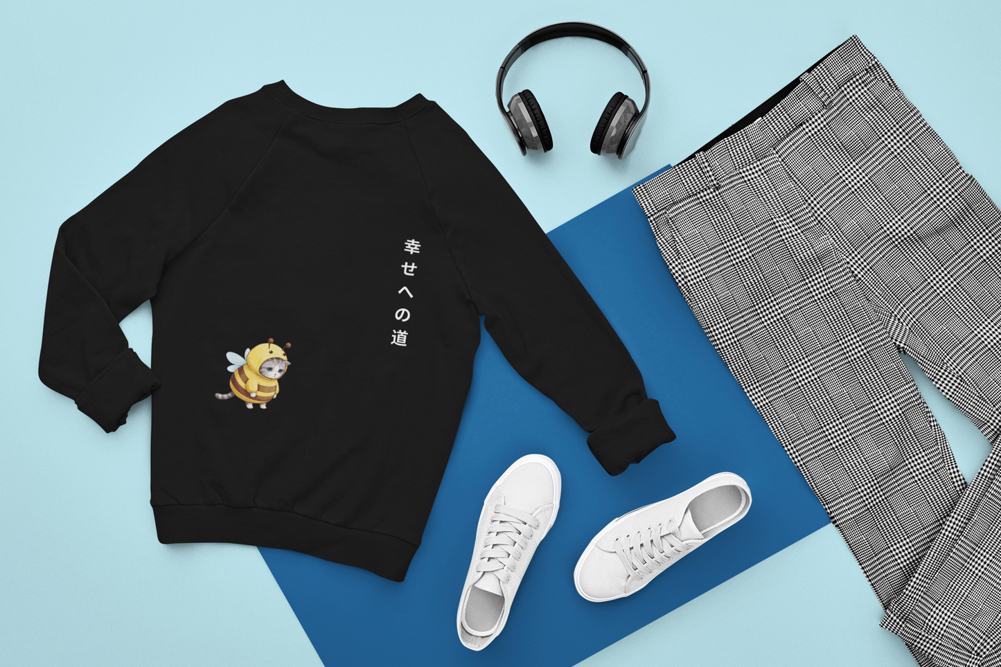 Sad Bee Cat Sweatshirt – “Path to Happiness” Japanese-Inspired Unisex Crewneck, Aesthetic Cute Animal Gift, Soft Cozy Fall Sweater
