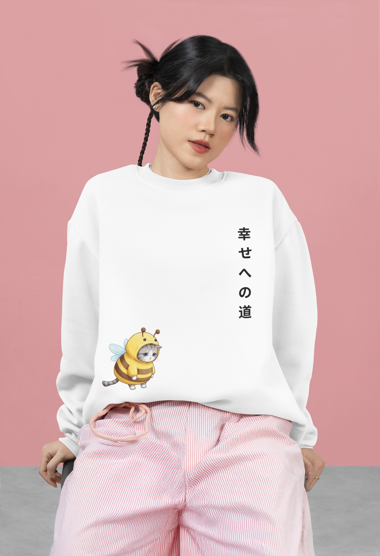 Sad Bee Cat Sweatshirt – “Path to Happiness” Japanese-Inspired Unisex Crewneck, Aesthetic Cute Animal Gift, Soft Cozy Fall Sweater