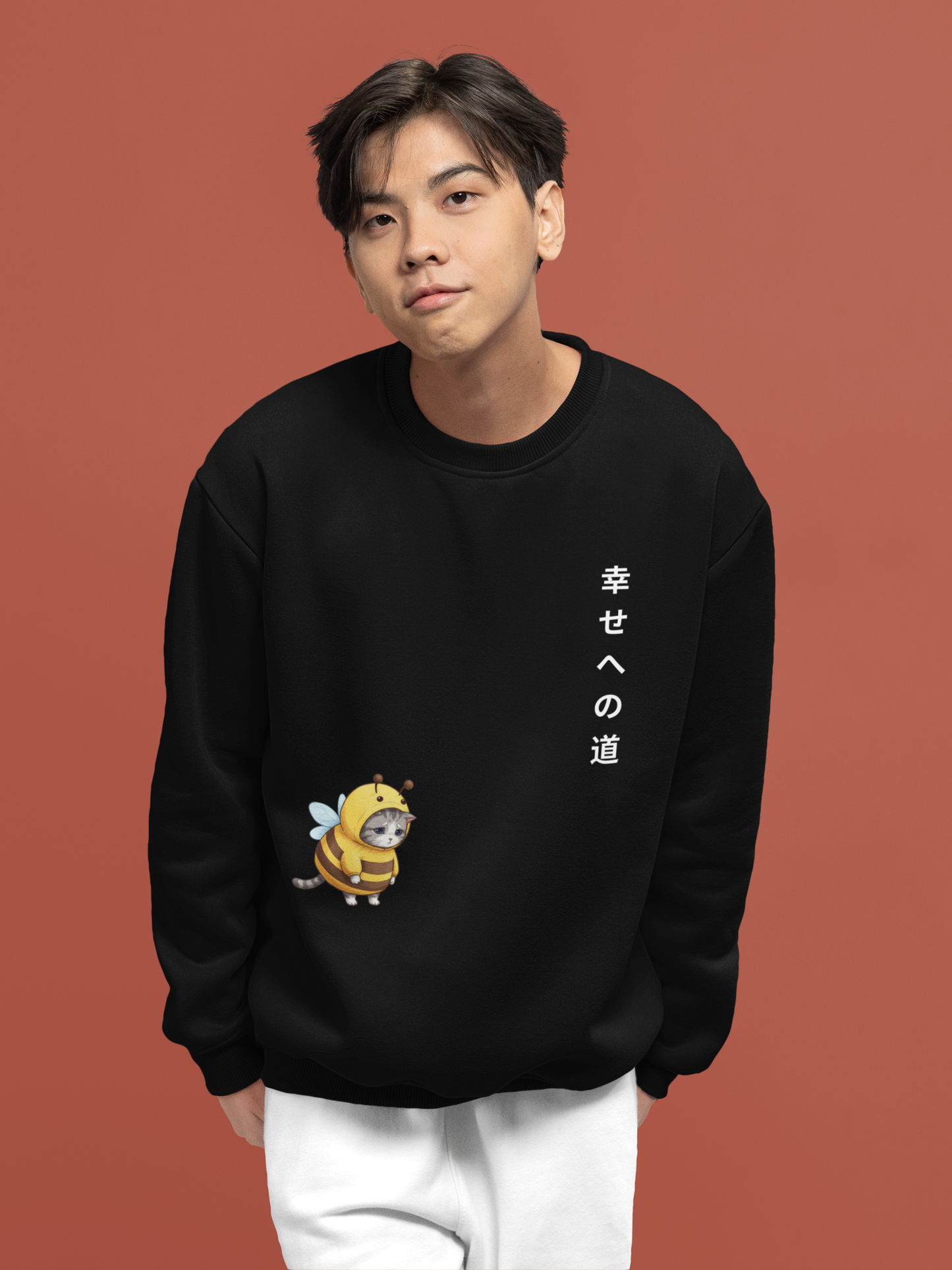 Sad Bee Cat Sweatshirt – “Path to Happiness” Japanese-Inspired Unisex Crewneck, Aesthetic Cute Animal Gift, Soft Cozy Fall Sweater