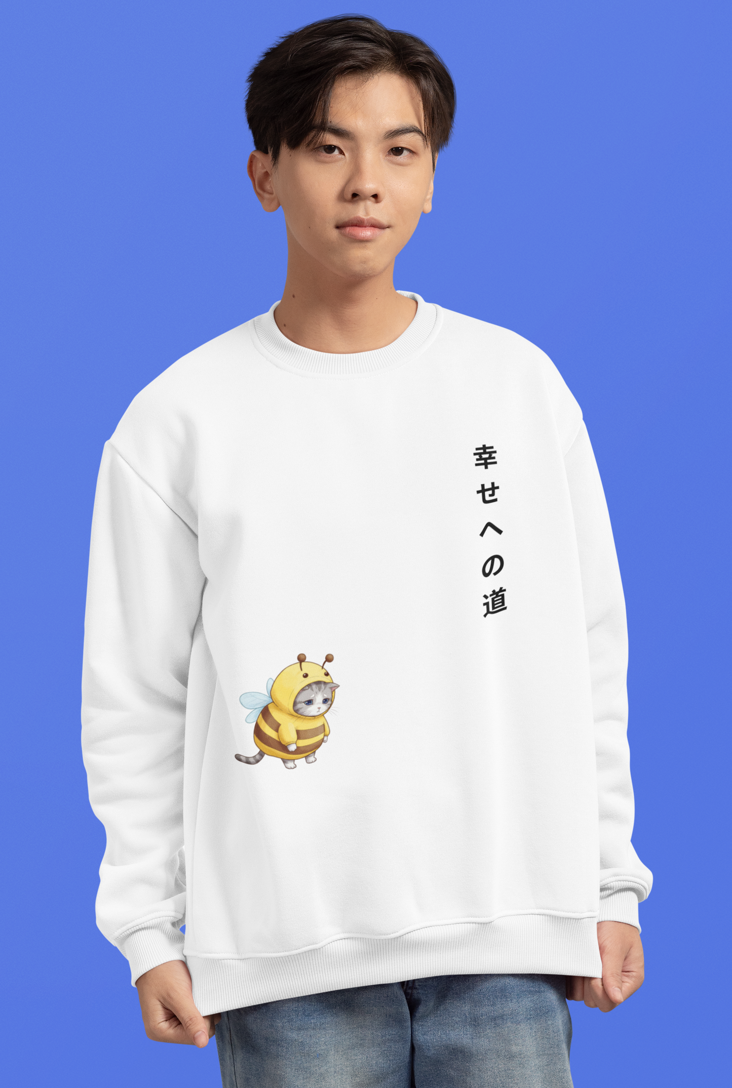 Sad Bee Cat Sweatshirt – “Path to Happiness” Japanese-Inspired Unisex Crewneck, Aesthetic Cute Animal Gift, Soft Cozy Fall Sweater