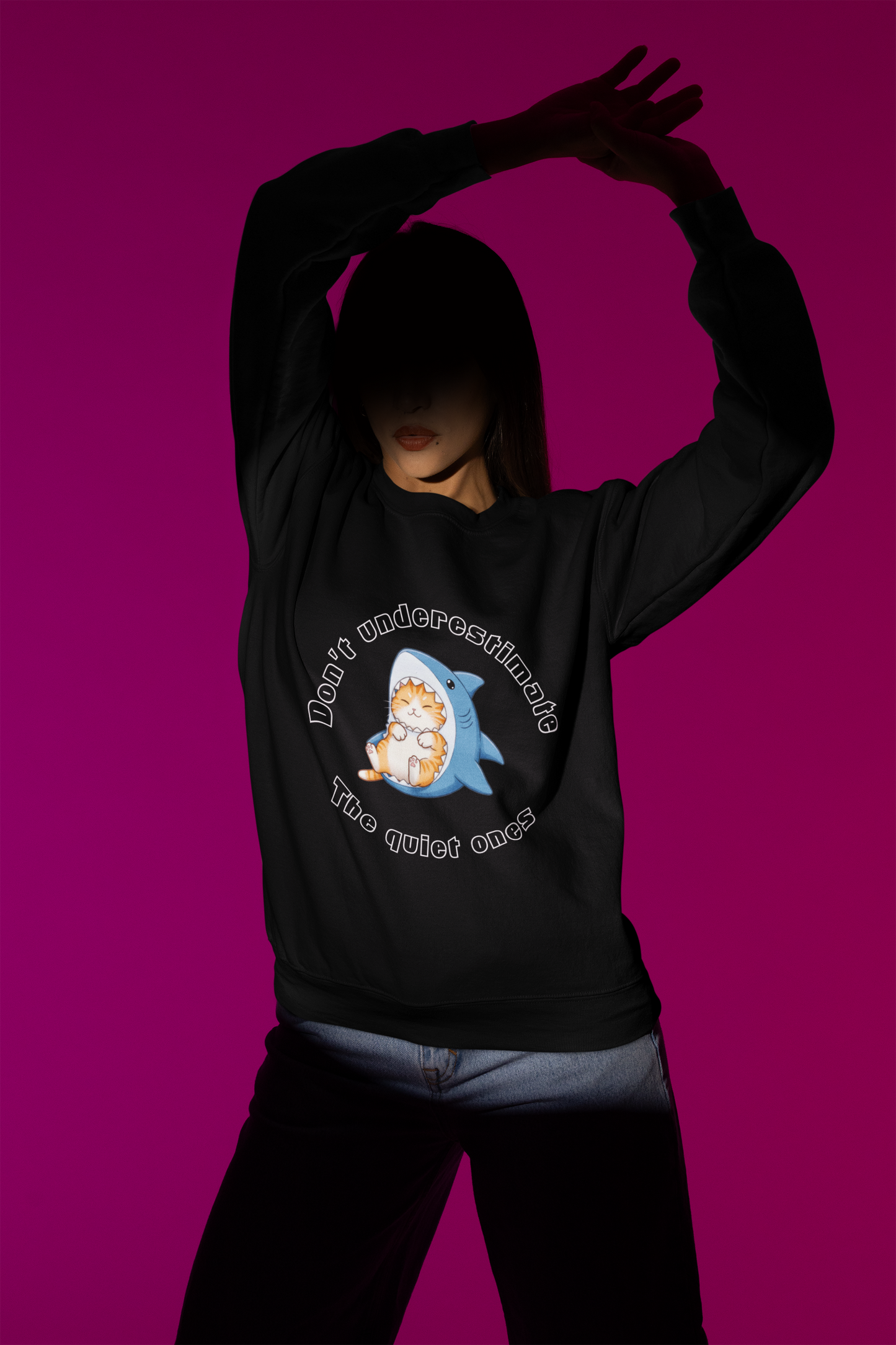 Unisex Shark Cat Sweatshirt – Funny Cozy Gift for Cat Lovers & Teens – Whimsical Animal Crewneck