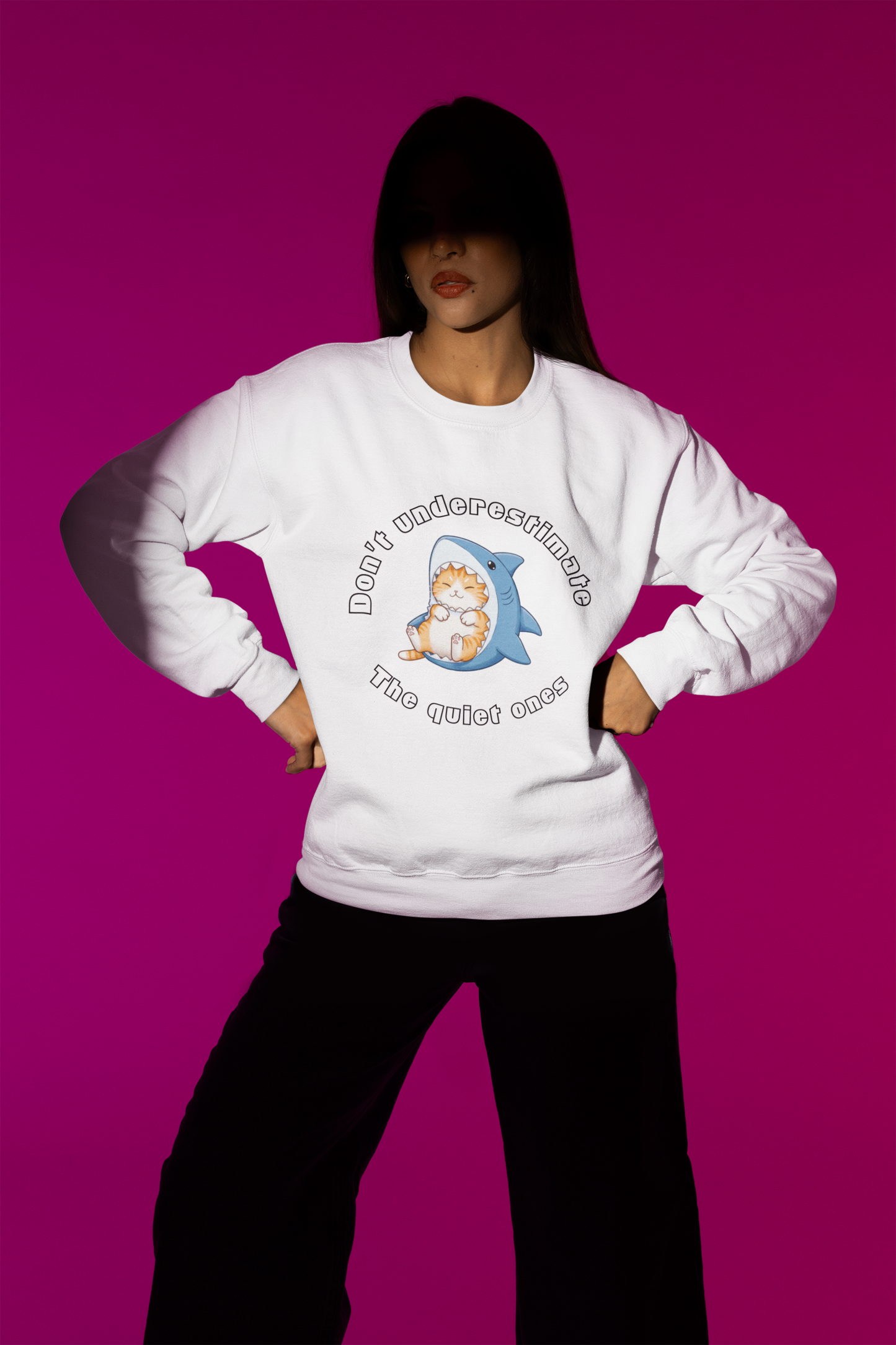 Unisex Shark Cat Sweatshirt – Funny Cozy Gift for Cat Lovers & Teens – Whimsical Animal Crewneck