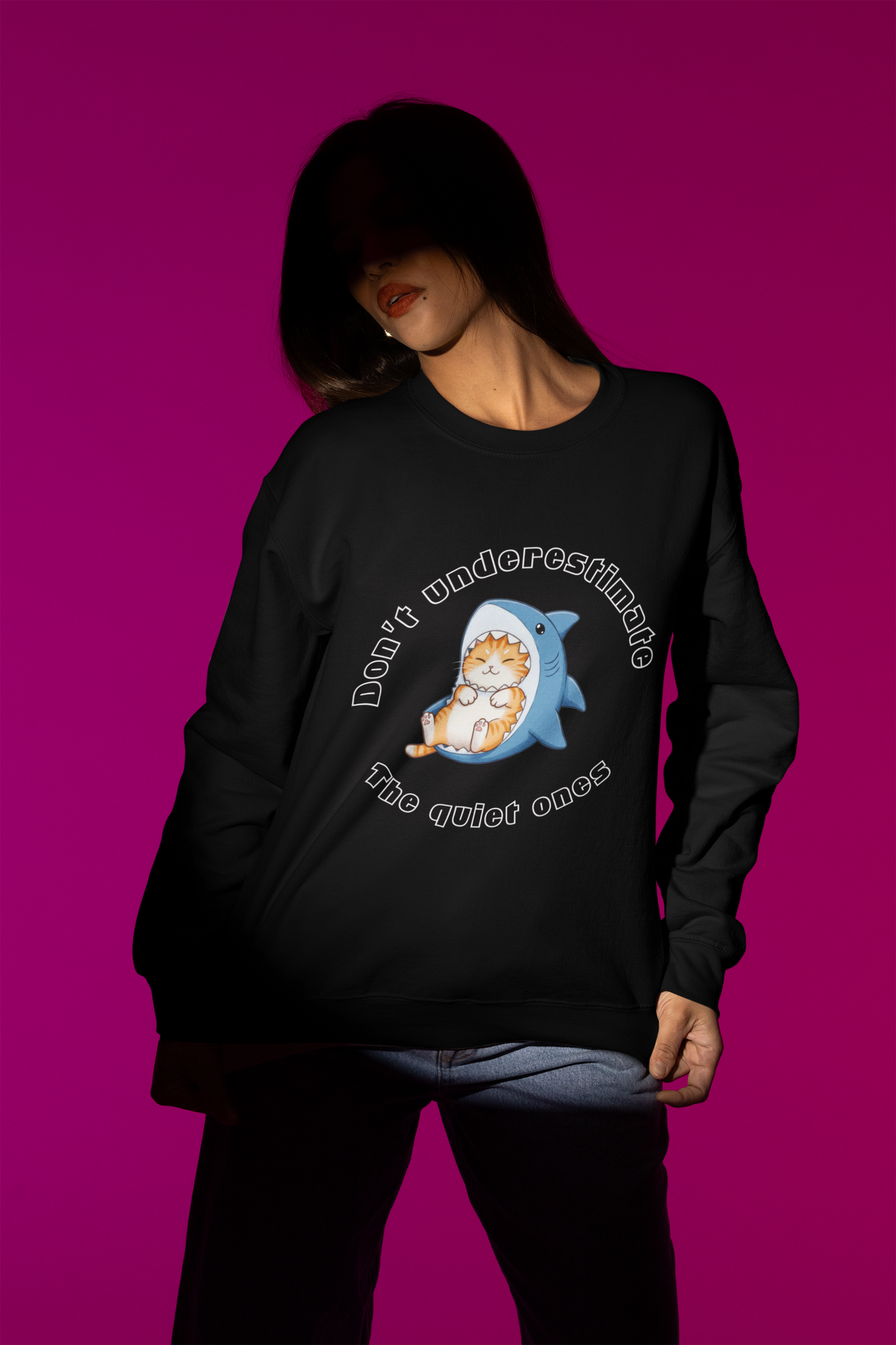 Unisex Shark Cat Sweatshirt – Funny Cozy Gift for Cat Lovers & Teens – Whimsical Animal Crewneck