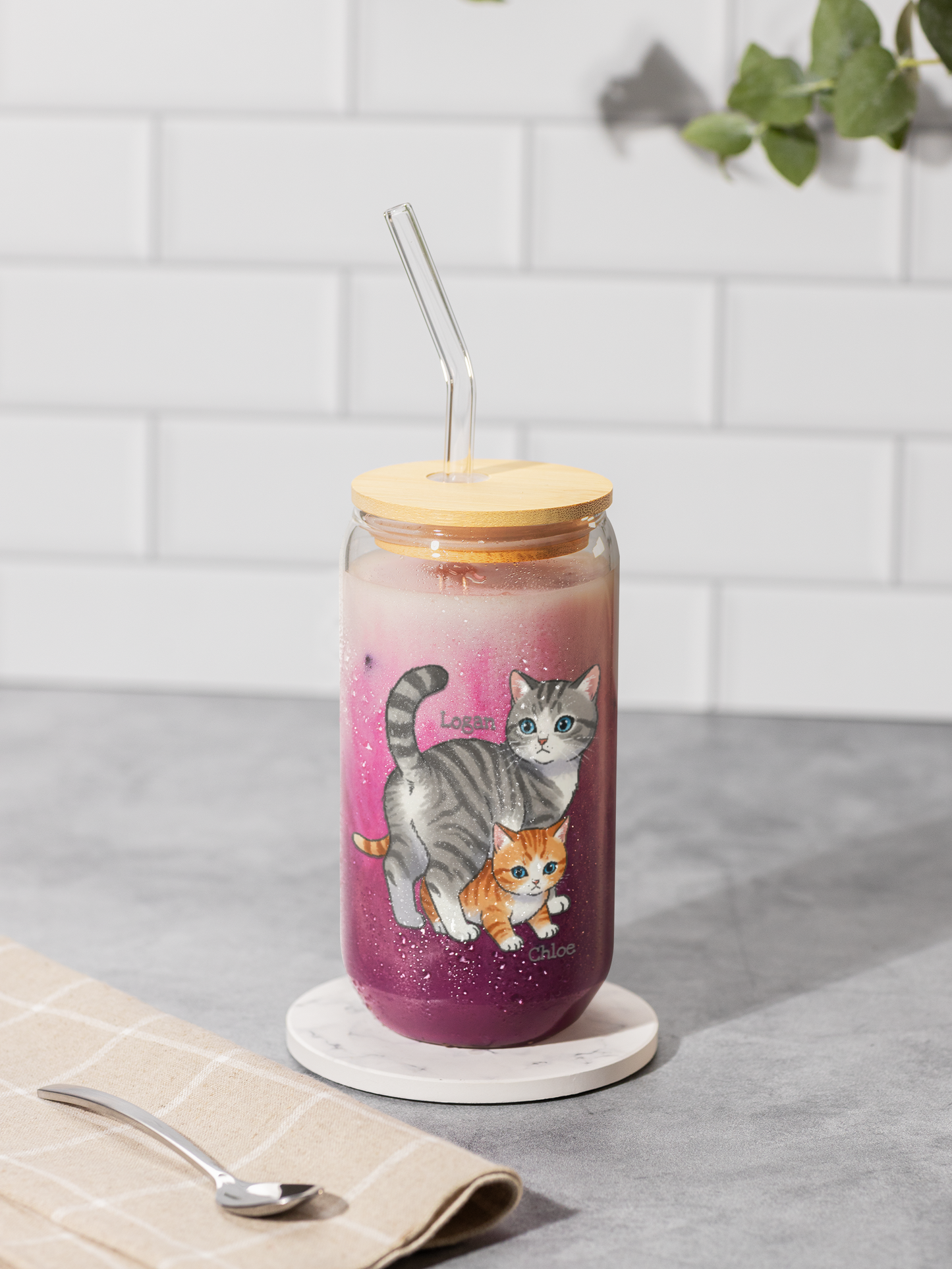 Personalized Cat Sipper Glass – Custom Quote or Names – Gift for Big Siblings, Parents, or Cat Lovers – 16oz Cute Drinkware