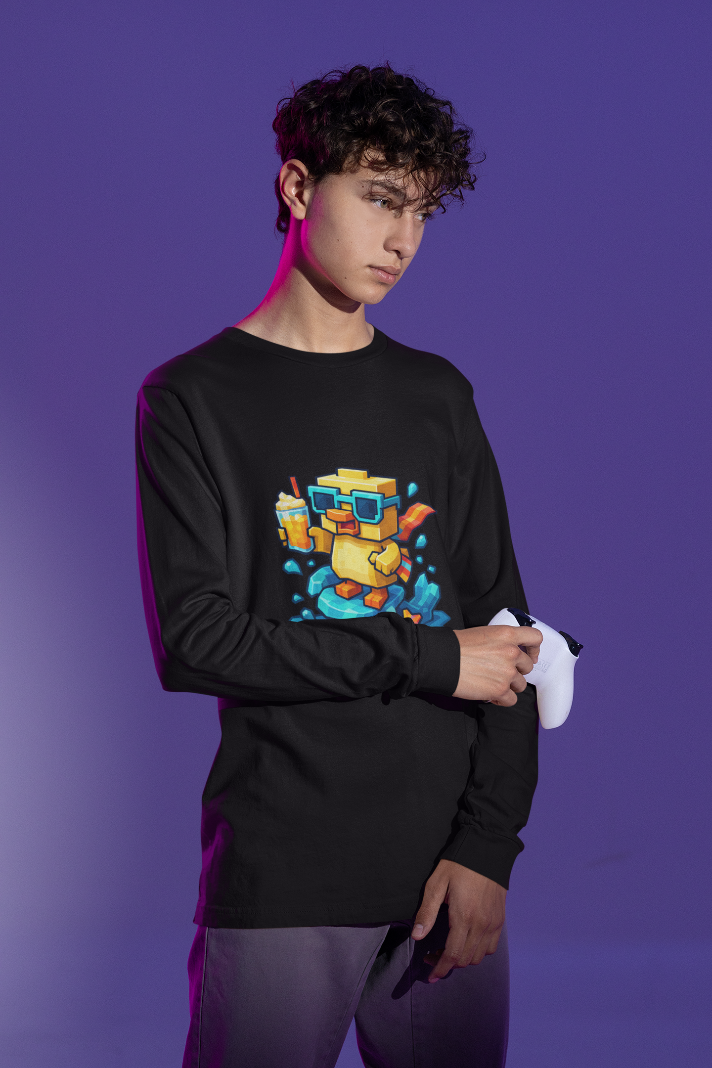 Custom Youth Long Sleeve Surfing Pixel Duck Tee – Personalized Name Shirt for Boys & Girls