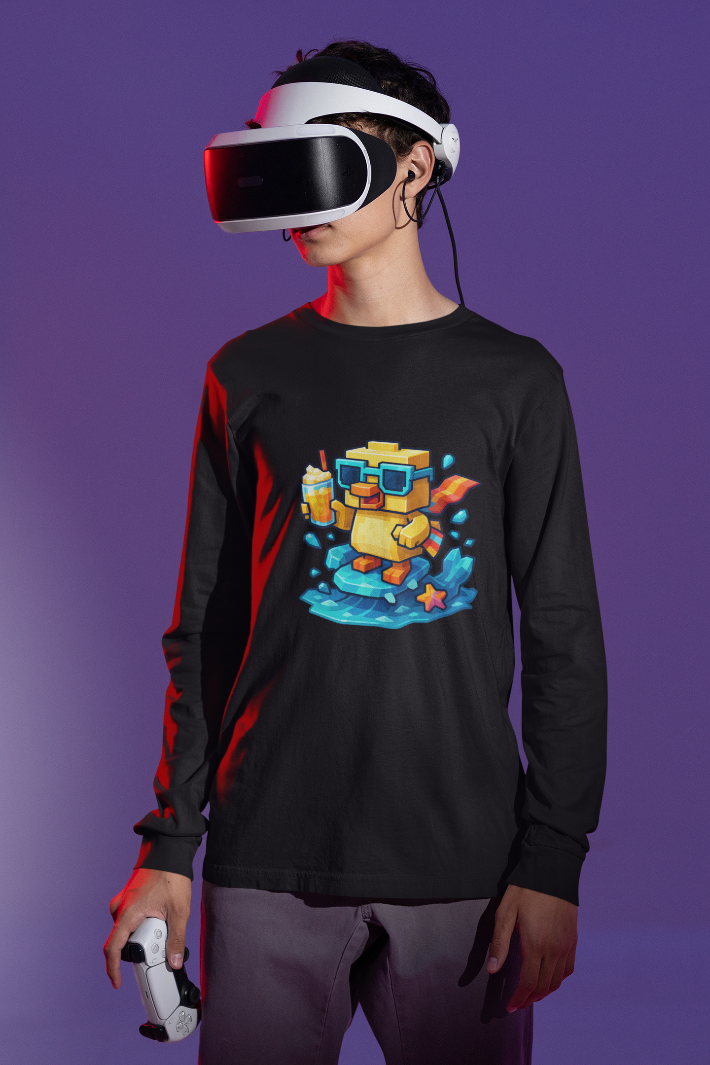 Custom Youth Long Sleeve Surfing Pixel Duck Tee – Personalized Name Shirt for Boys & Girls