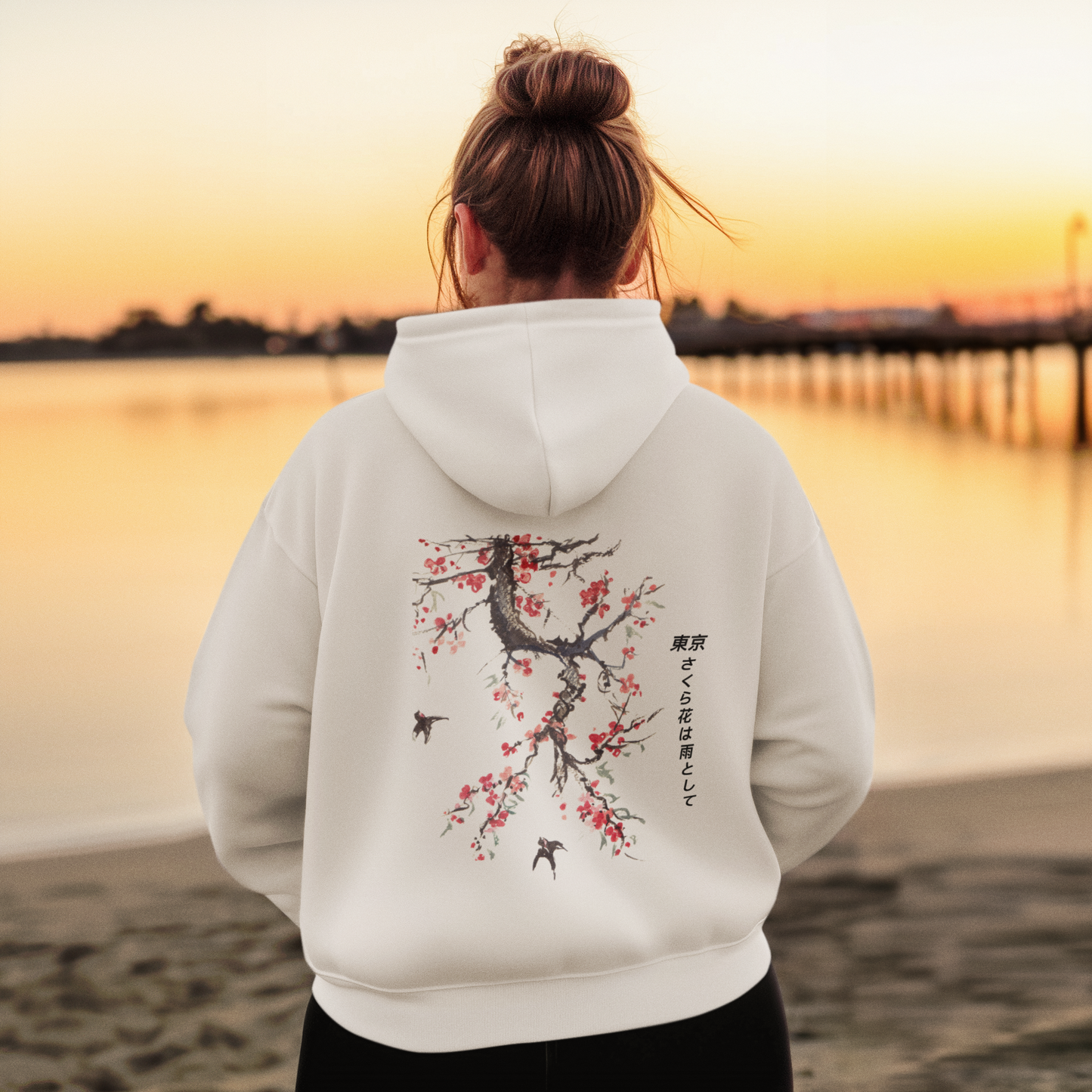 Customizable Japanese Style T-Shirt | Tokyo Sakura Vertical Poetic Design | Cherry Blossom Art