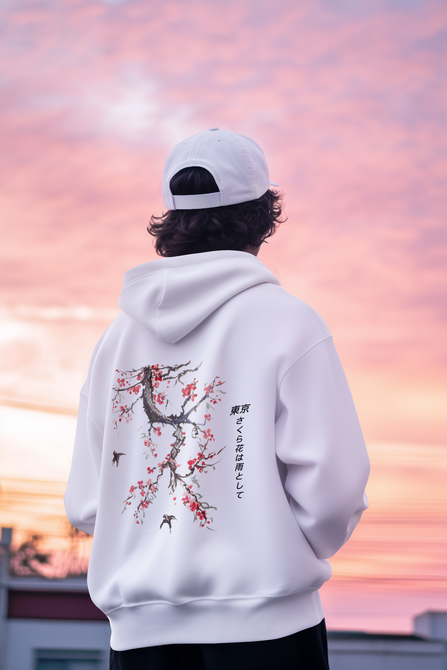 Customizable Japanese Style T-Shirt | Tokyo Sakura Vertical Poetic Design | Cherry Blossom Art