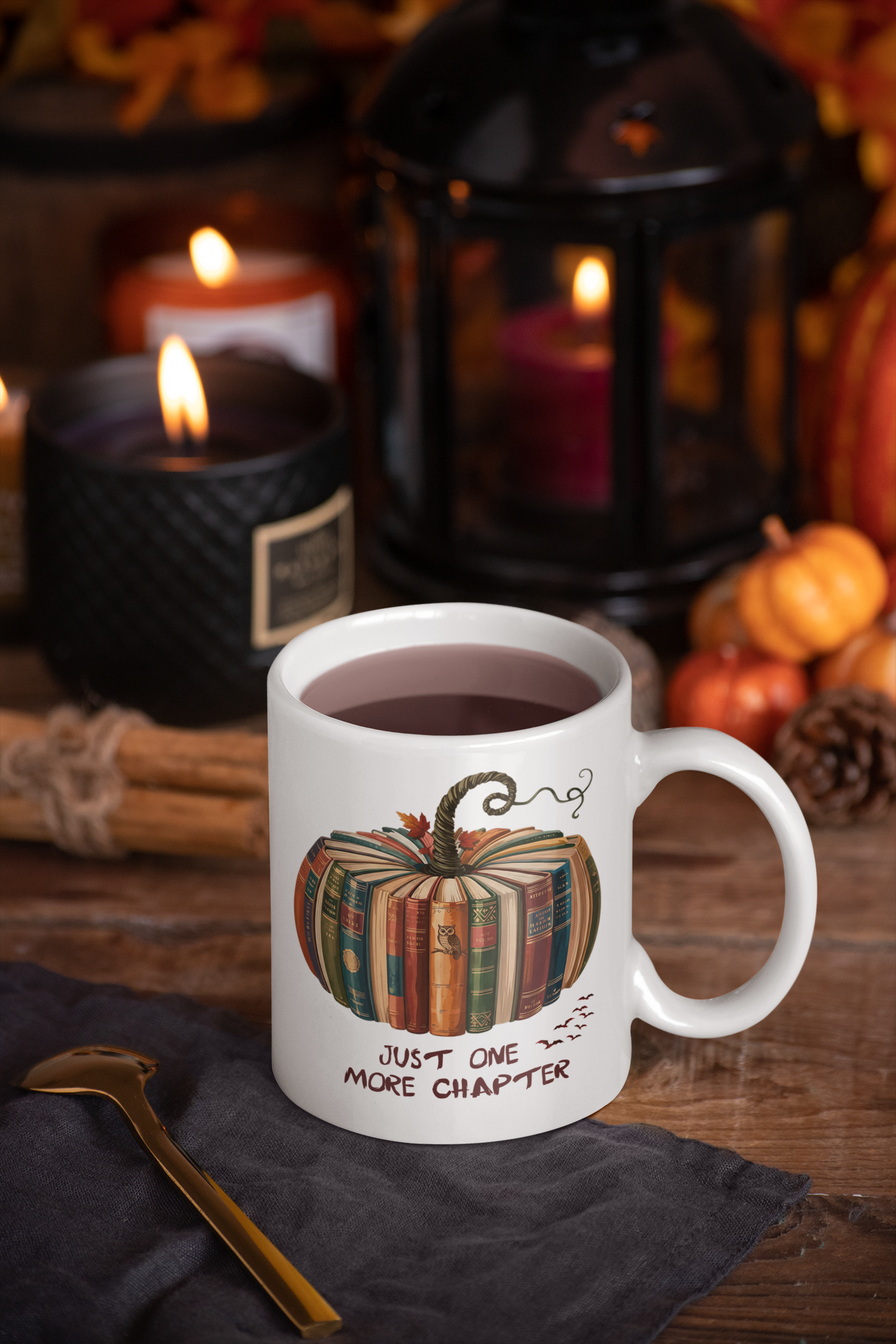 Just One More Chapter Mug – Halloween Book Lover Gift – Spooky Coffee & Tea Cup – Pumpkin Books Design – Literary Reading Mug