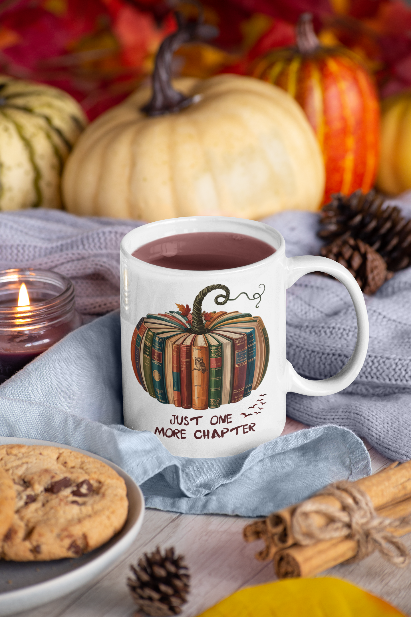 Just One More Chapter Mug – Halloween Book Lover Gift – Spooky Coffee & Tea Cup – Pumpkin Books Design – Literary Reading Mug