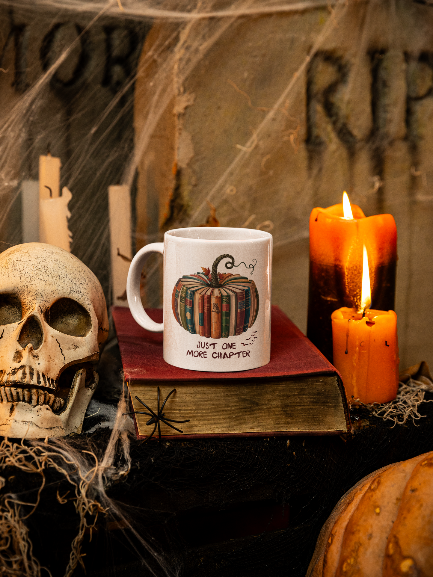 Just One More Chapter Mug – Halloween Book Lover Gift – Spooky Coffee & Tea Cup – Pumpkin Books Design – Literary Reading Mug