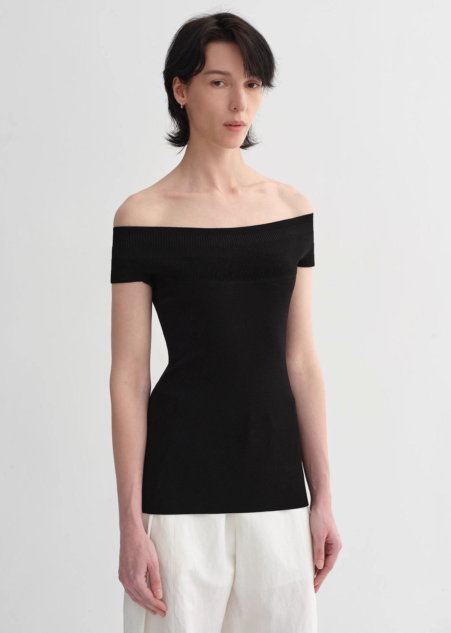 Mulberry Silk Blend One-Shoulder Top. Elegant Knit, Off-Shoulder Design