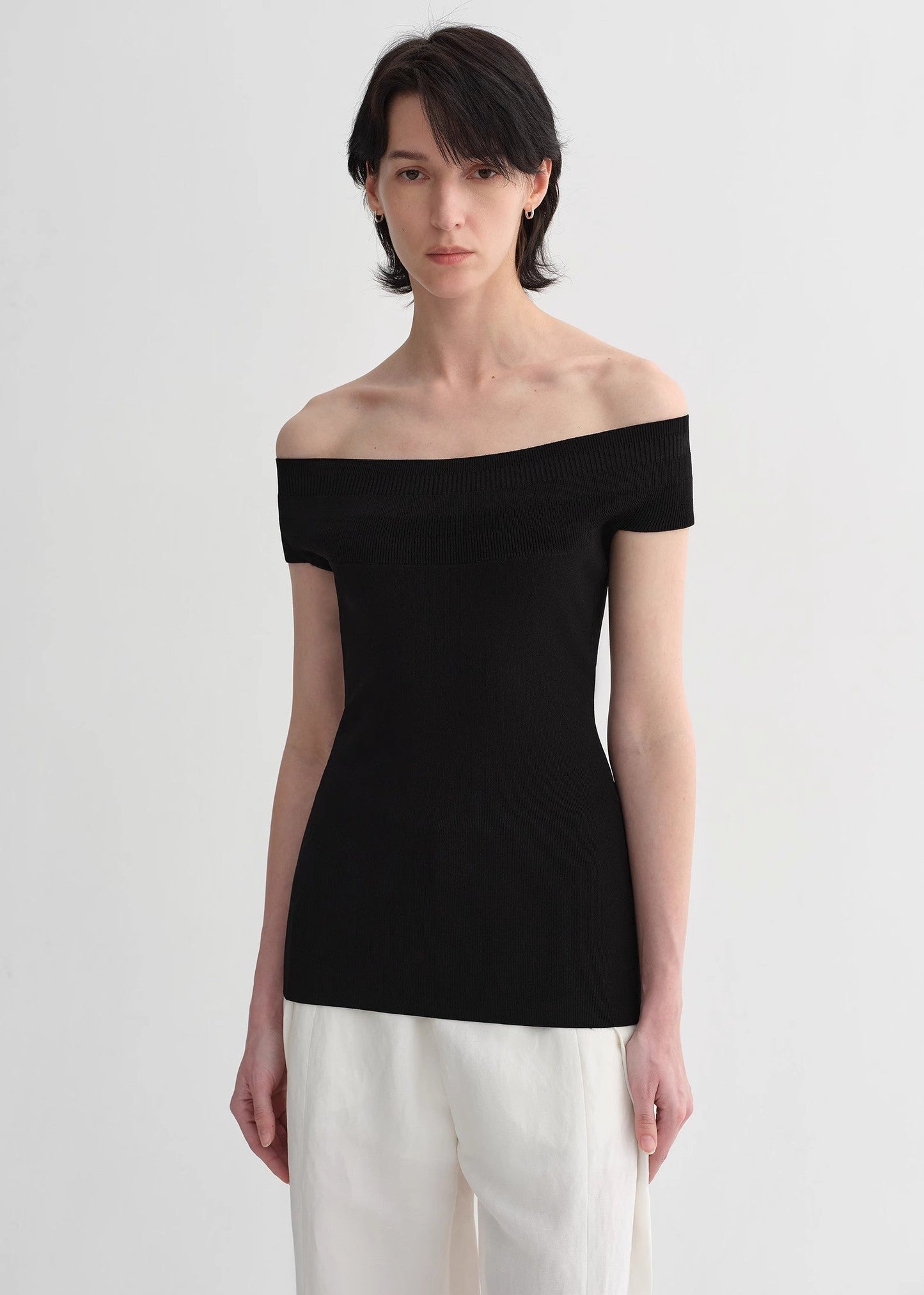 Mulberry Silk Blend One-Shoulder Top. Elegant Knit, Off-Shoulder Design