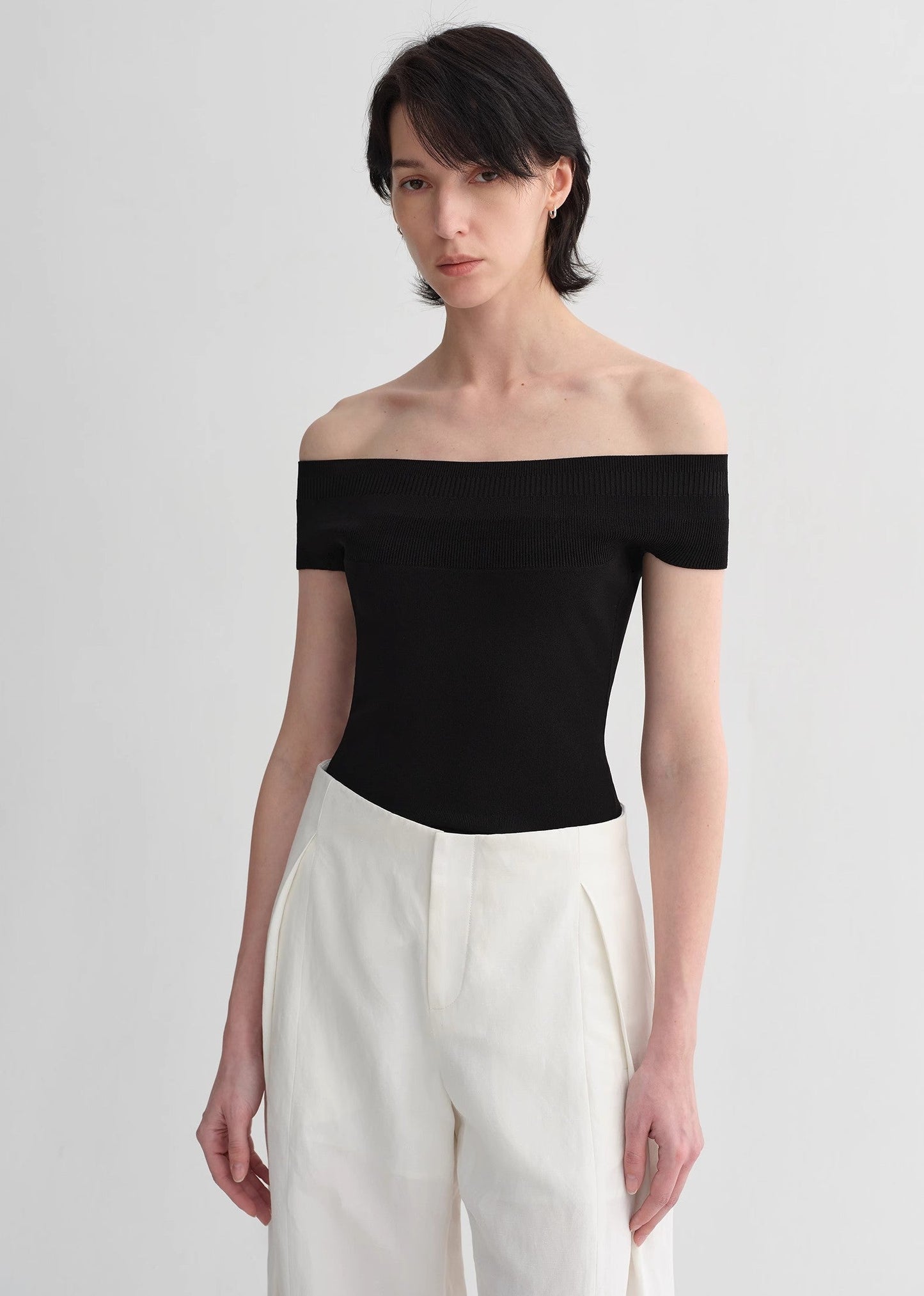 Mulberry Silk Blend One-Shoulder Top. Elegant Knit, Off-Shoulder Design