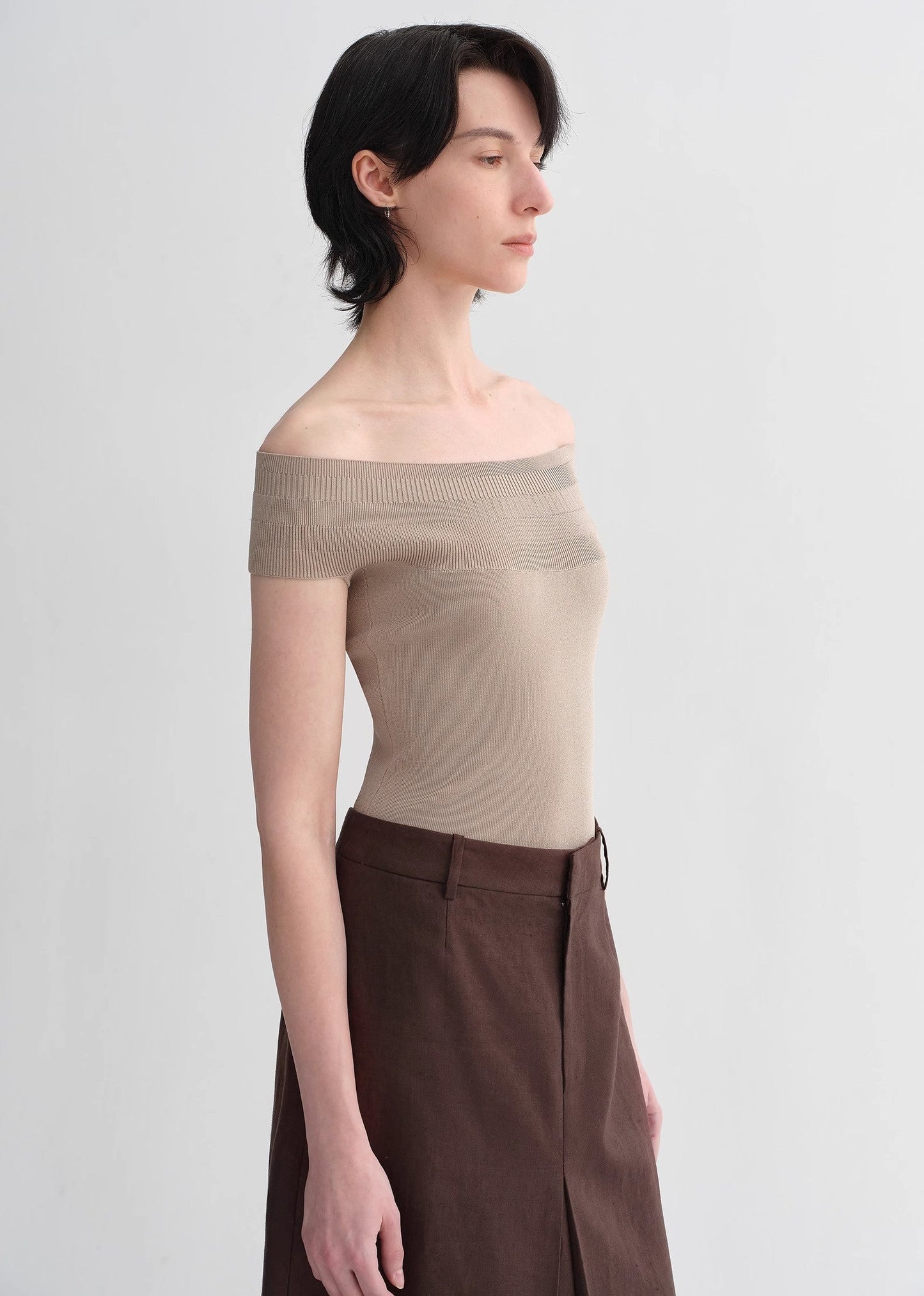 Mulberry Silk Blend One-Shoulder Top. Elegant Knit, Off-Shoulder Design