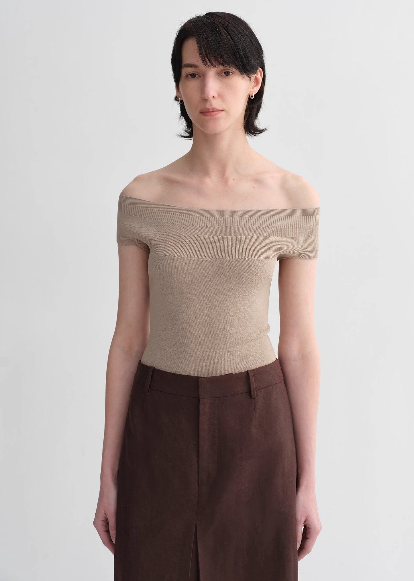Mulberry Silk Blend One-Shoulder Top. Elegant Knit, Off-Shoulder Design