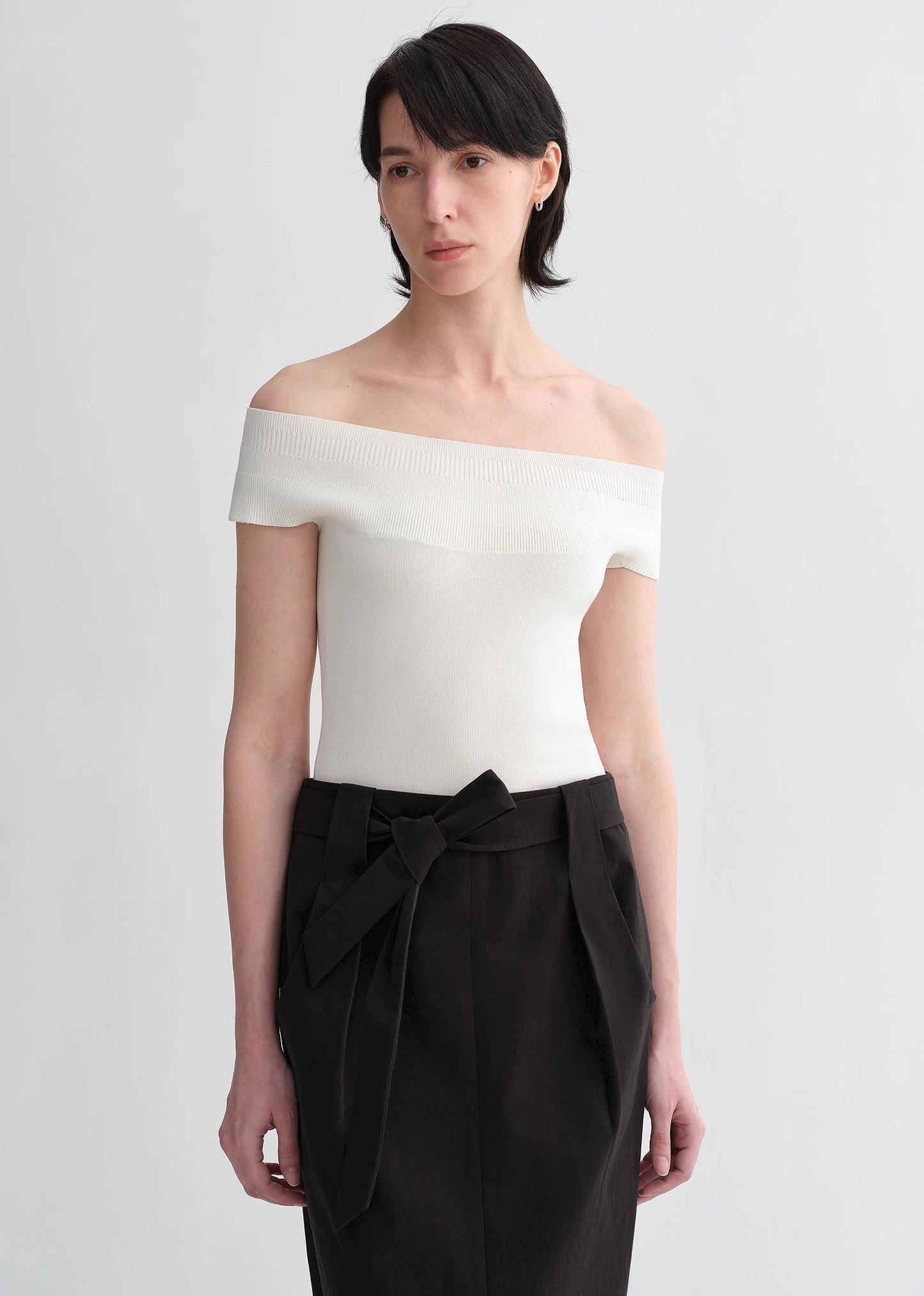 Mulberry Silk Blend One-Shoulder Top. Elegant Knit, Off-Shoulder Design