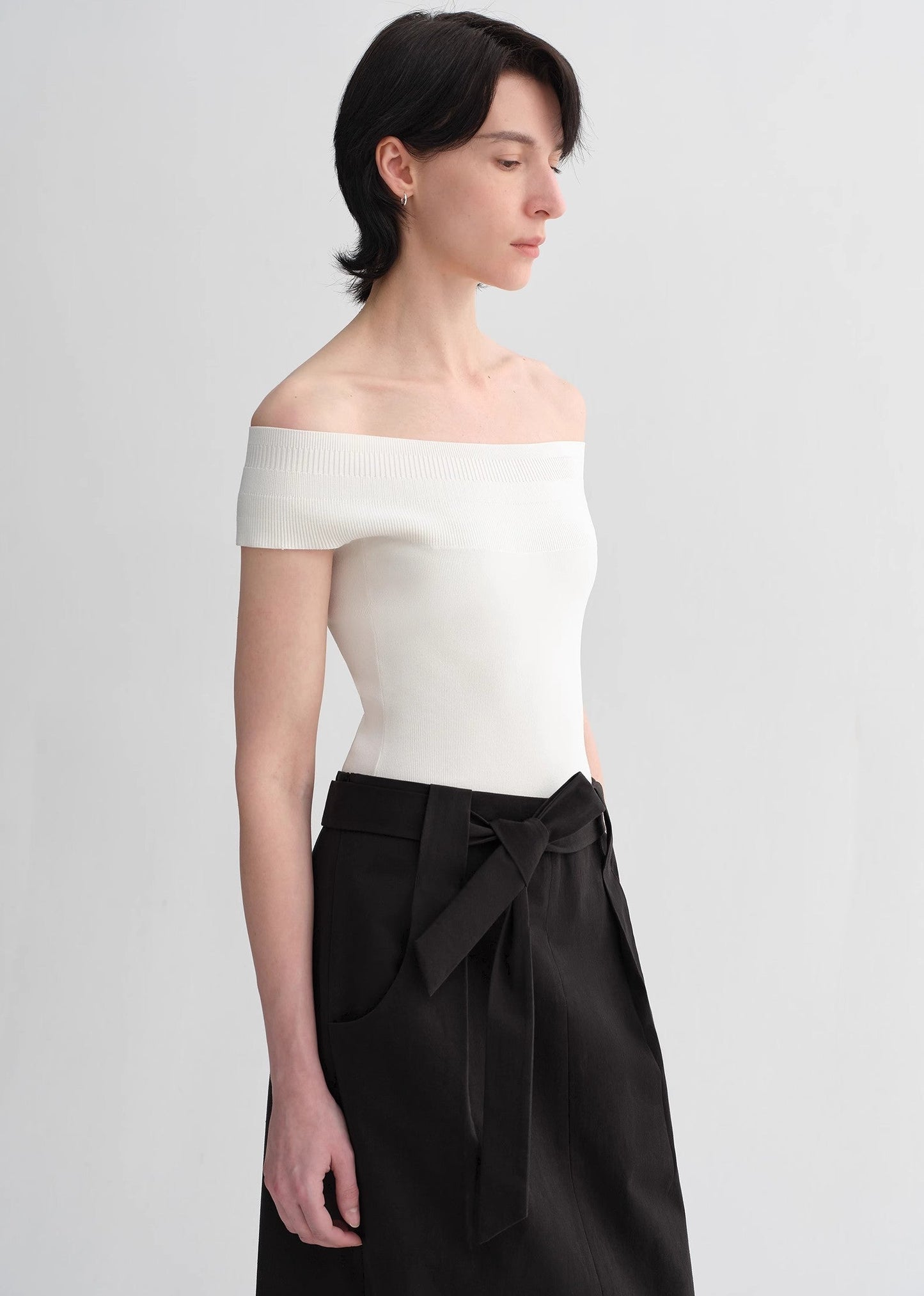Mulberry Silk Blend One-Shoulder Top. Elegant Knit, Off-Shoulder Design