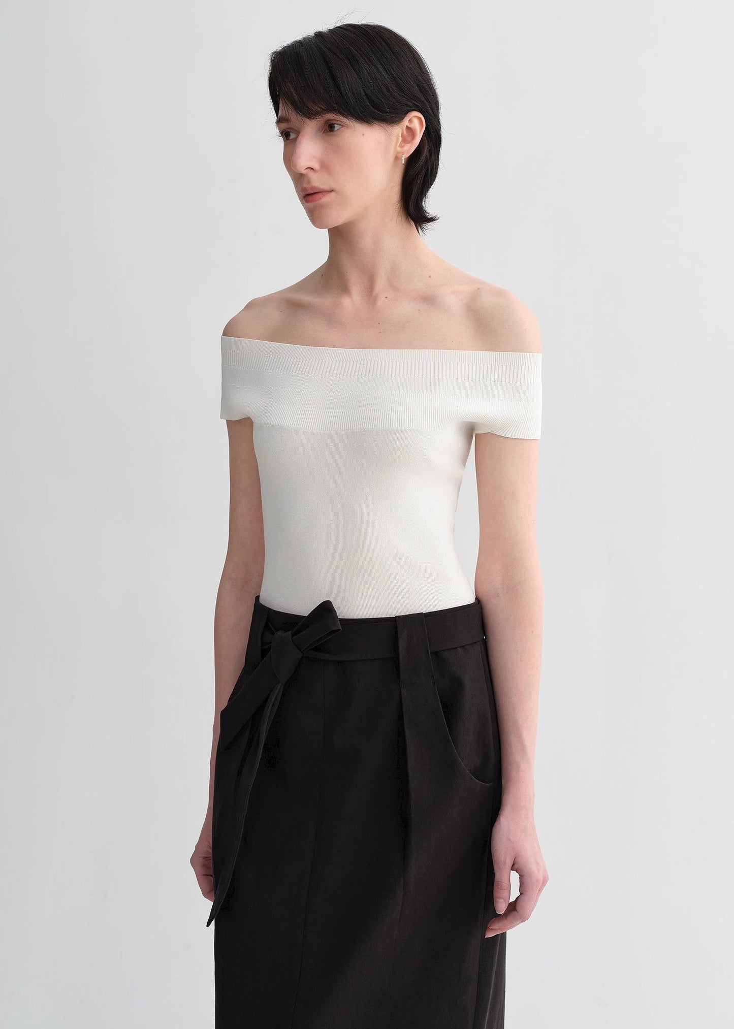 Mulberry Silk Blend One-Shoulder Top. Elegant Knit, Off-Shoulder Design