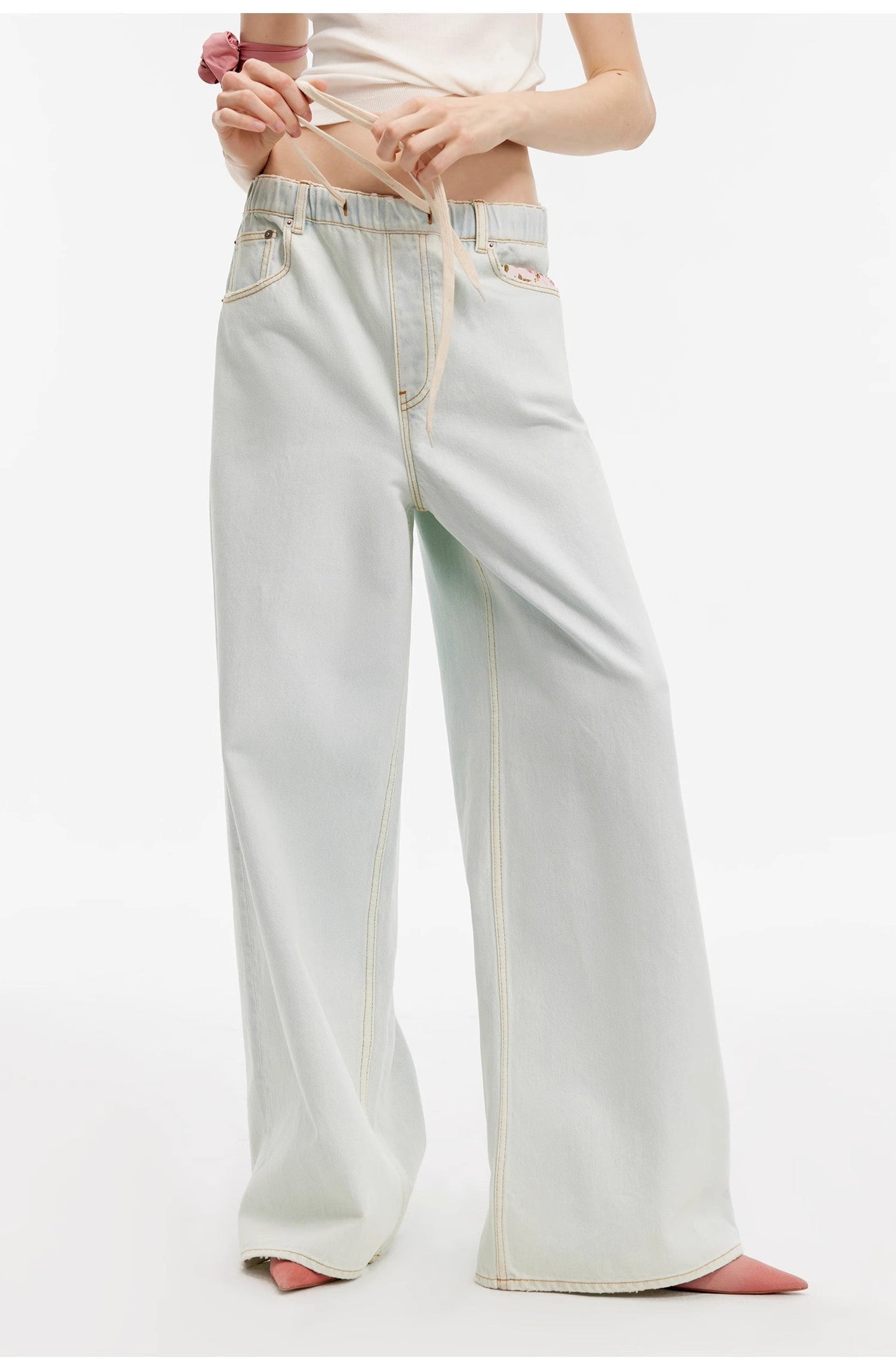 “Mint Whisper” Wide-Leg Jeans. Luxury Turkish Denim, Drawstring Waist