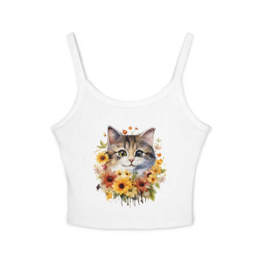 Floral Cat Women's Spaghetti Strap Tank Top - Cute and Stylish