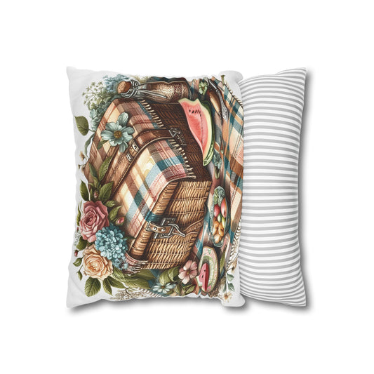 Vintage Picnic Basket Throw Pillow - Floral Design