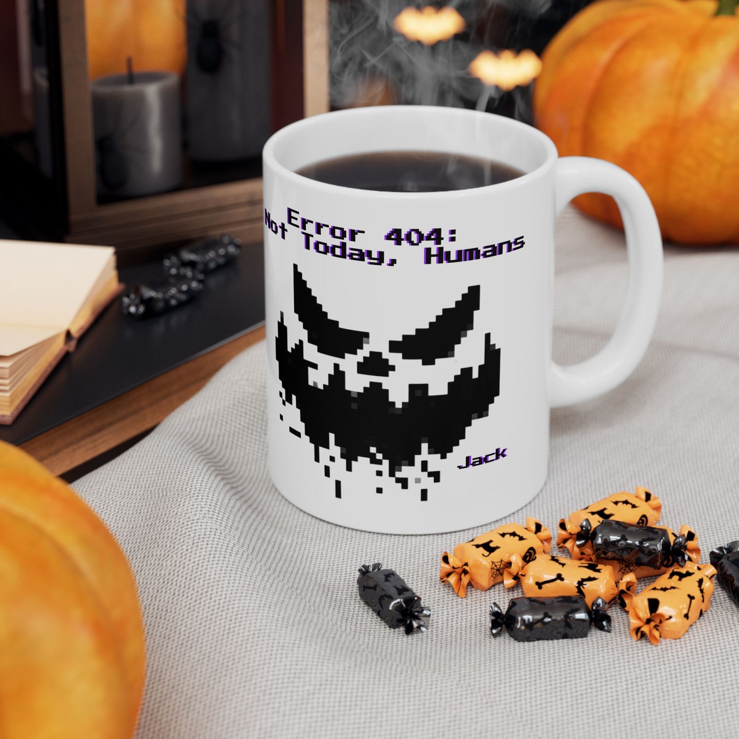 Error 404: Not Today, Humans Mug – Pixel Face Design – Customizable Geek & Gamer Gift – Spooky Coffee & Tea Cup – Halloween / Tech Humor