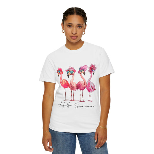 Hello Summer Flamingo T-Shirt - Garment-Dyed Tee for Beach Lovers