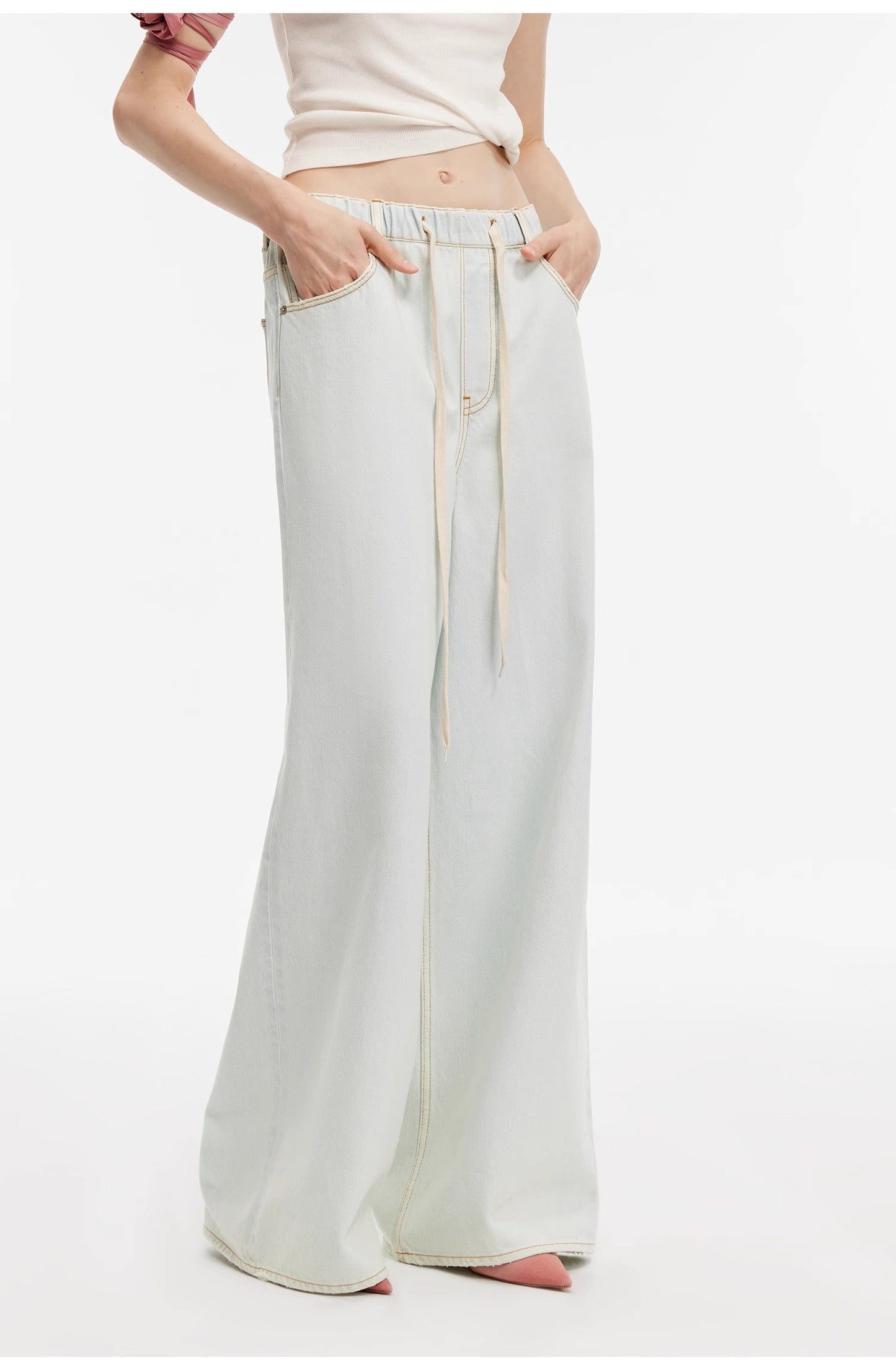 “Mint Whisper” Wide-Leg Jeans. Luxury Turkish Denim, Drawstring Waist