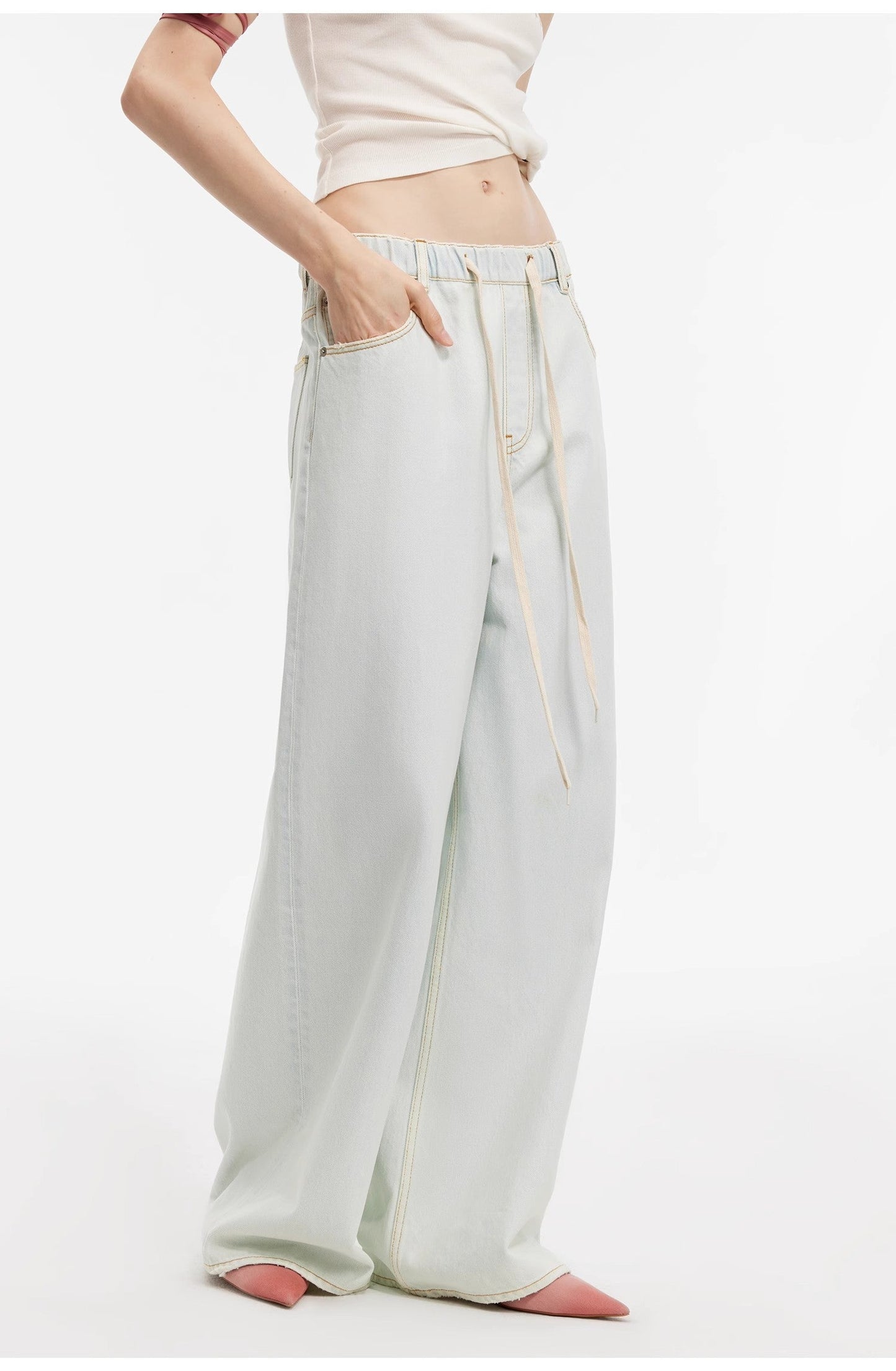 “Mint Whisper” Wide-Leg Jeans. Luxury Turkish Denim, Drawstring Waist