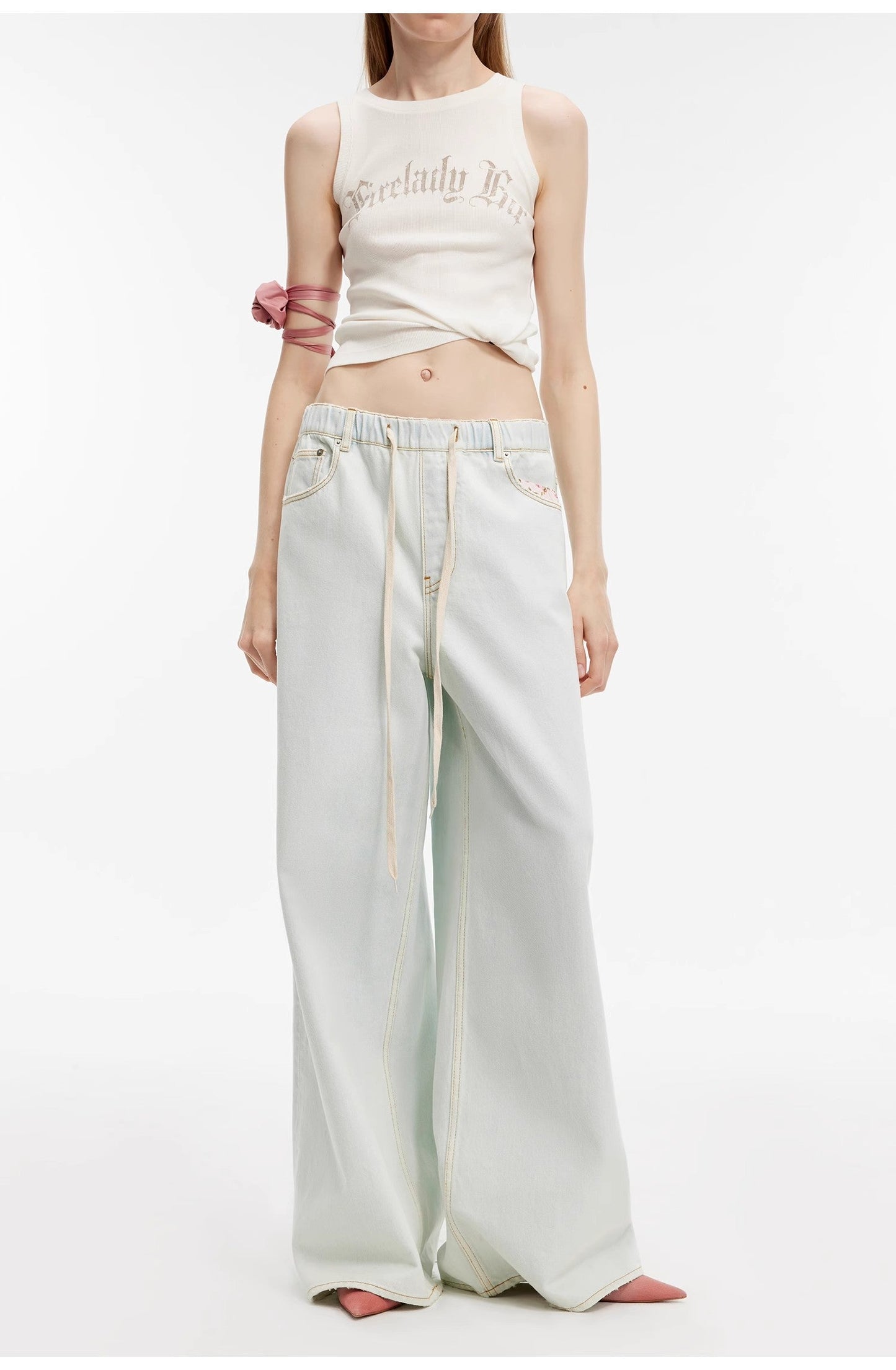 “Mint Whisper” Wide-Leg Jeans. Luxury Turkish Denim, Drawstring Waist