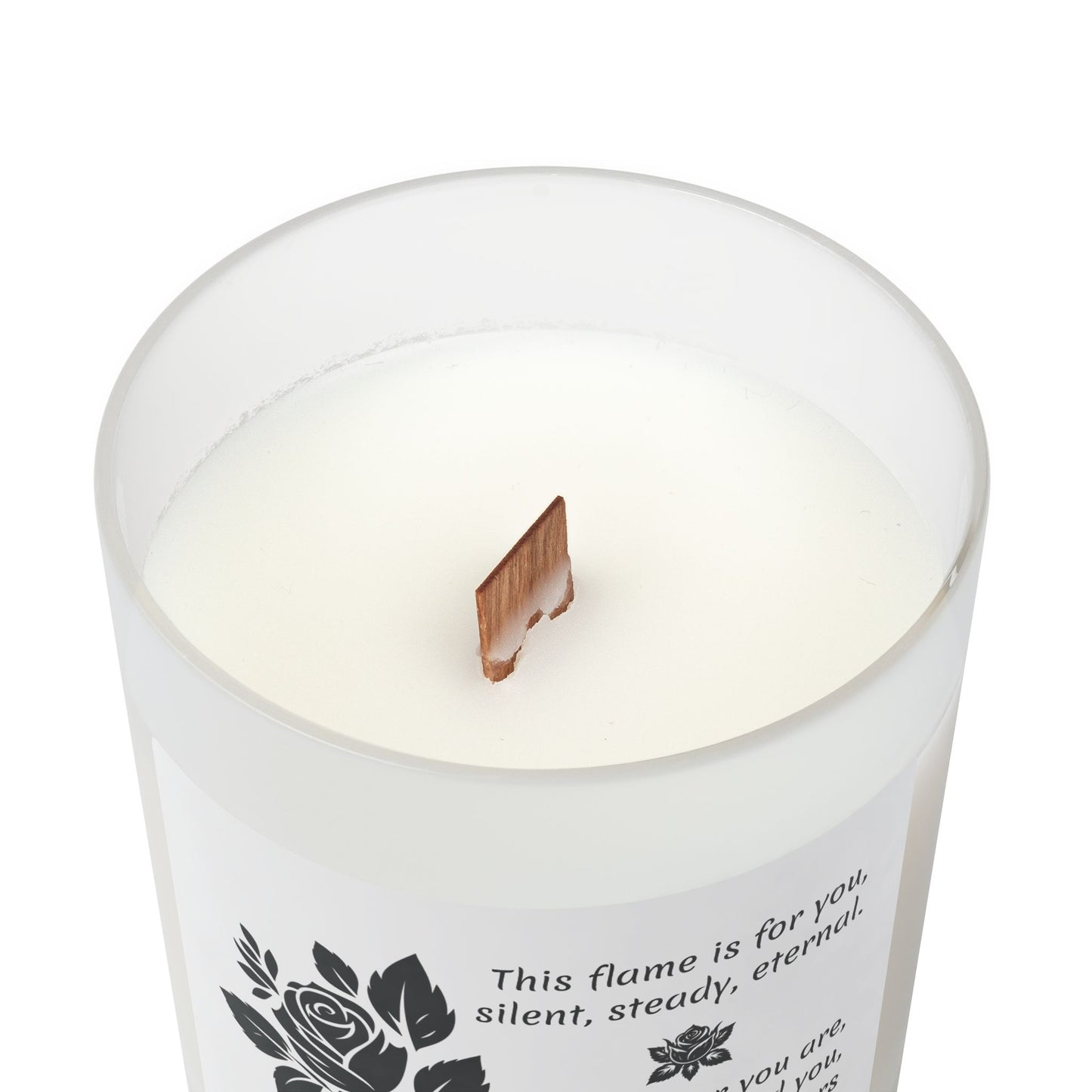 Memorial Candle with Black Rose – Frosted Glass, Poetic Quote & Wooden Wick.