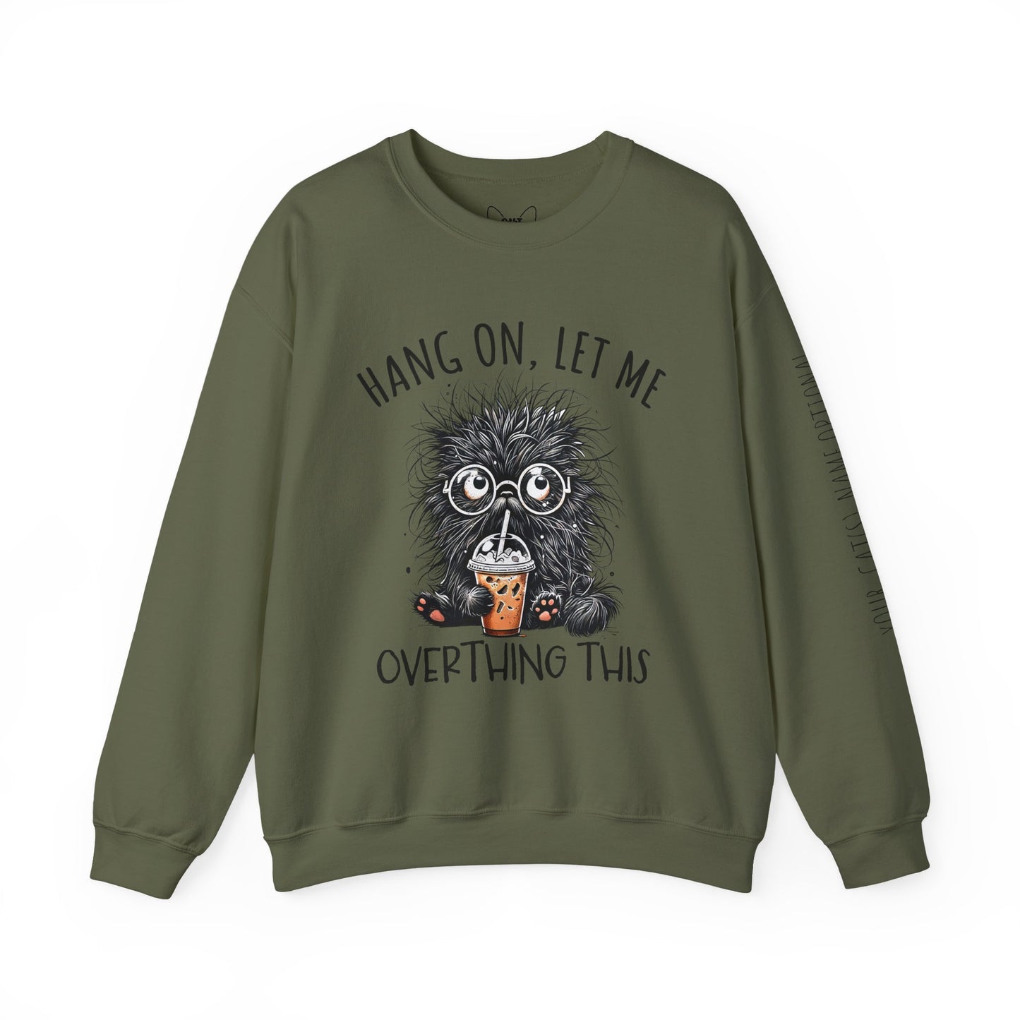 Funny Cat Mom Sweatshirt – “Hang On, Let Me Overthing This”, Personalized Cat Name Sleeve | Cozy Women’s Crewneck