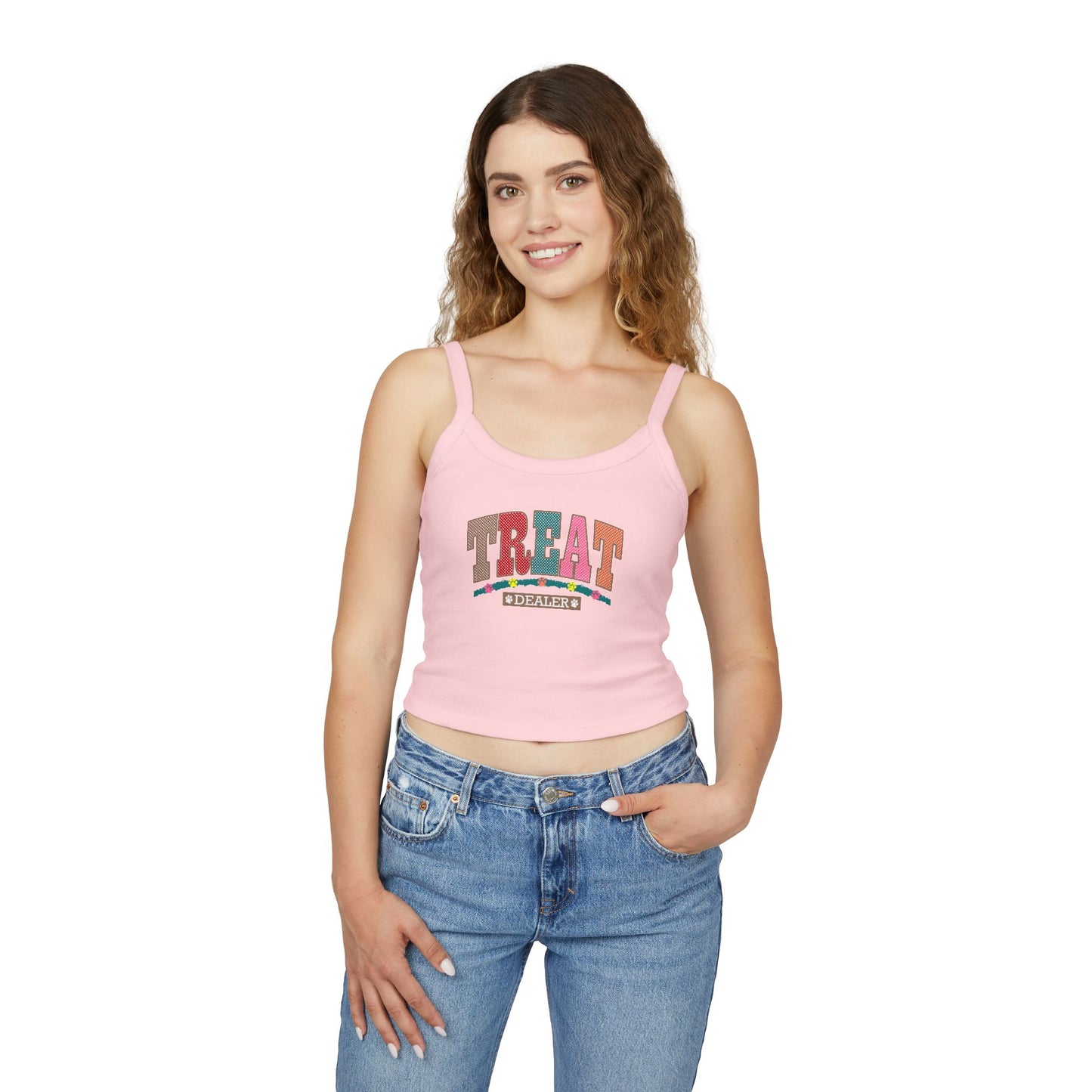 Funny Women's Spaghetti Strap Tank Top - "Treat Dealer" - Perfect for Summer Parties and Casual Wear