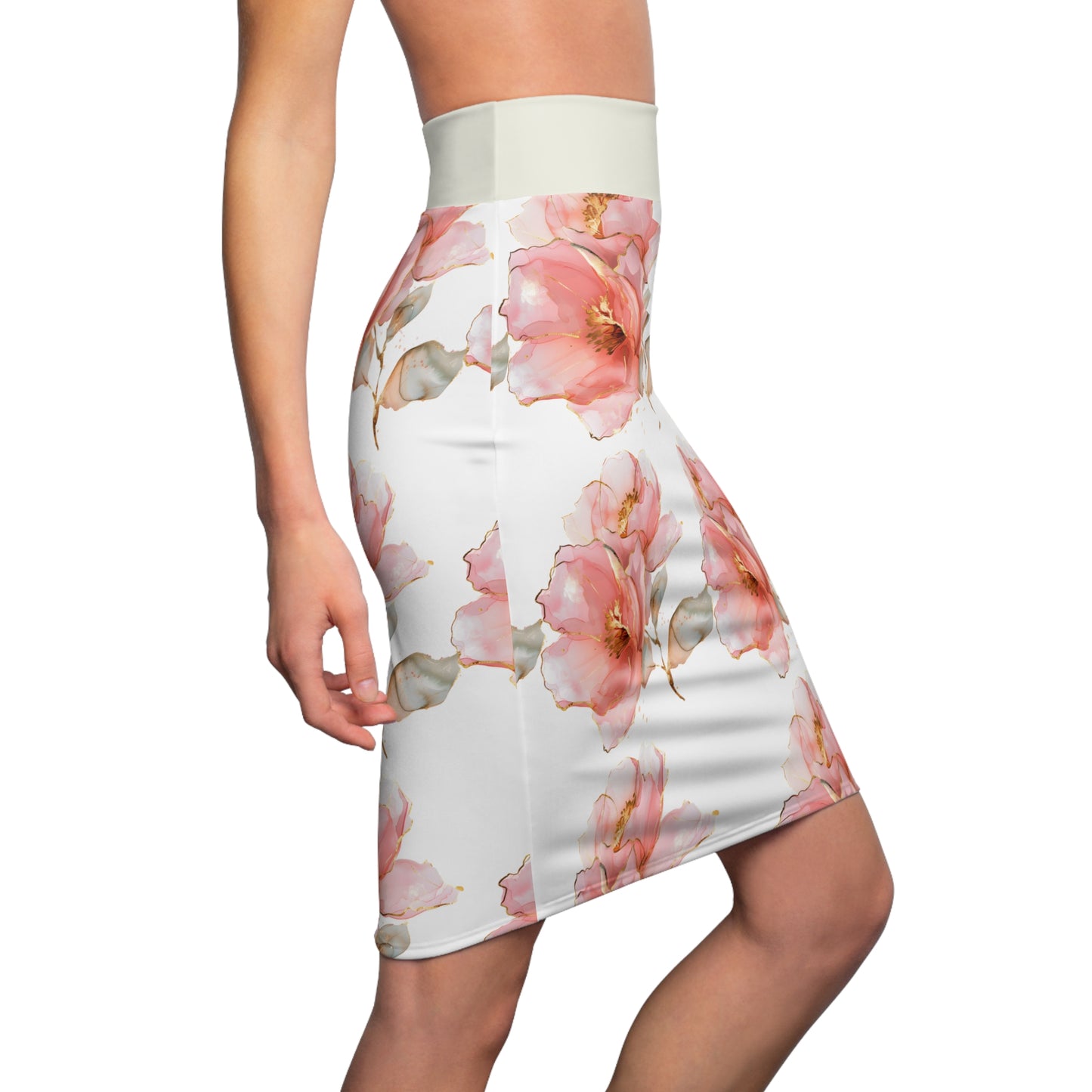 Floral Women's Pencil Skirt - Elegant Pink Blossom Design
